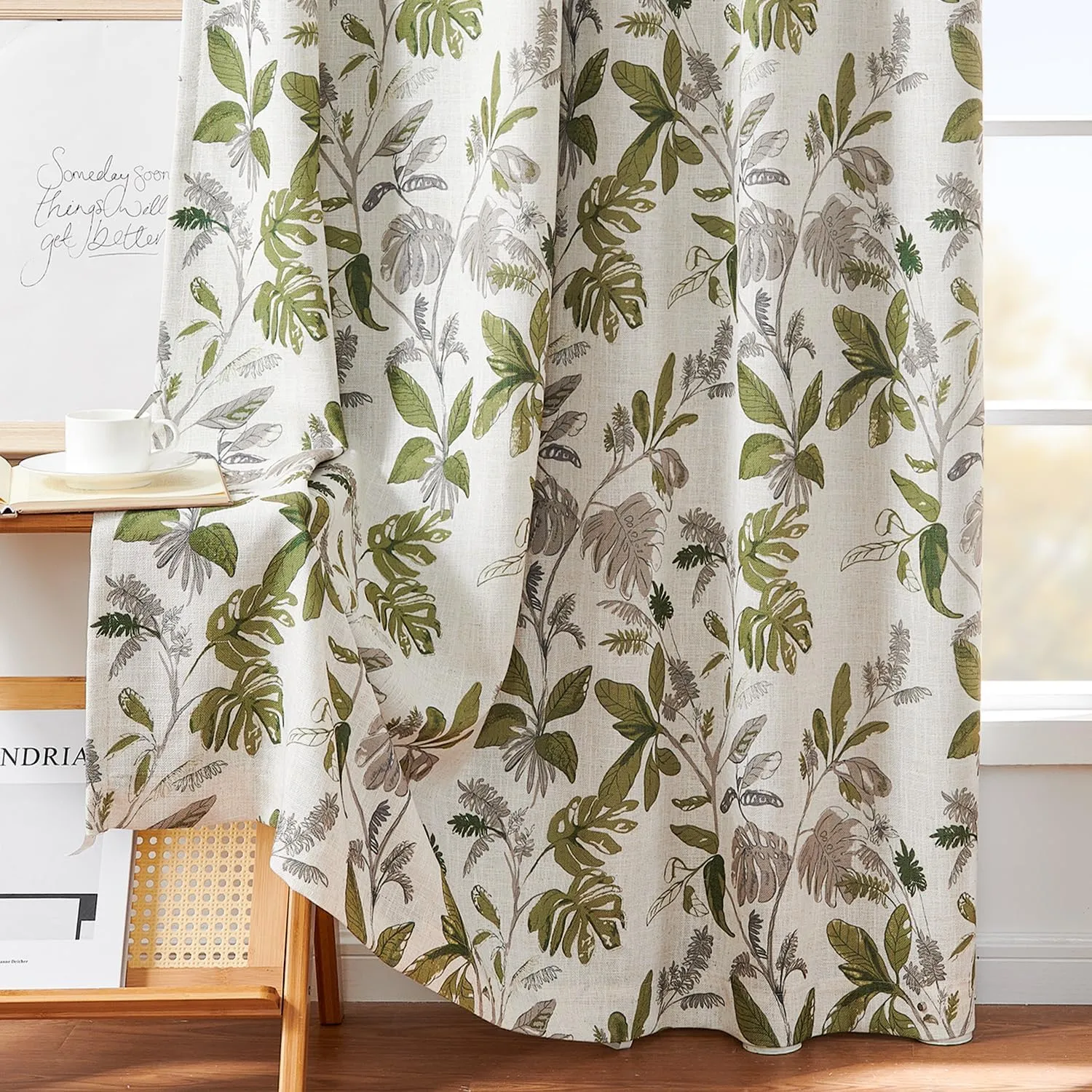 jinchan 100% Blackout Curtains for Bedroom 84 Inches Length Linen Curtains Tropical Green Leaf Print Botanical Window Treatment with Lining for Living Room Farmhouse Country Drapes Set 2 Panels