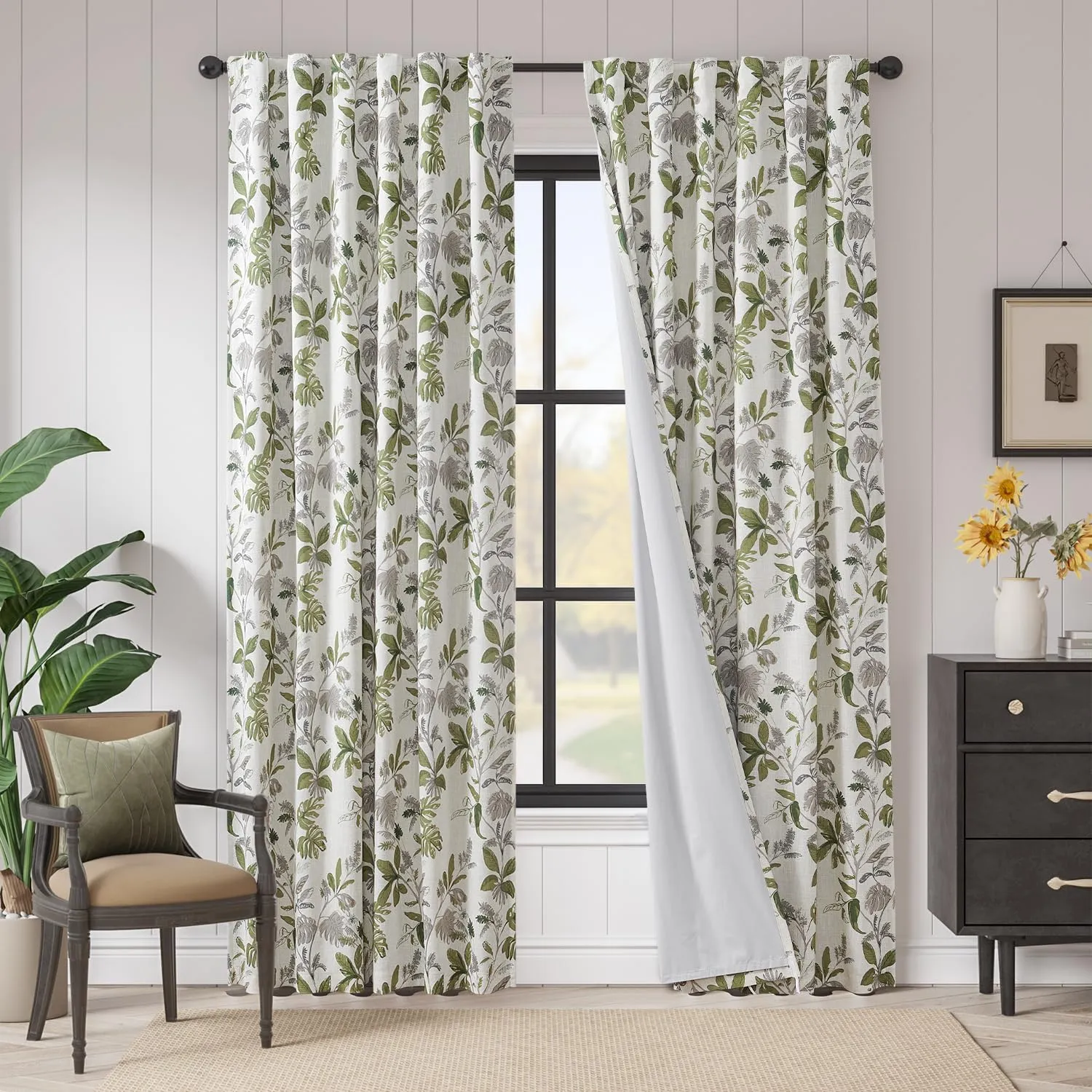 jinchan 100% Blackout Curtains for Bedroom 84 Inches Length Linen Curtains Tropical Green Leaf Print Botanical Window Treatment with Lining for Living Room Farmhouse Country Drapes Set 2 Panels