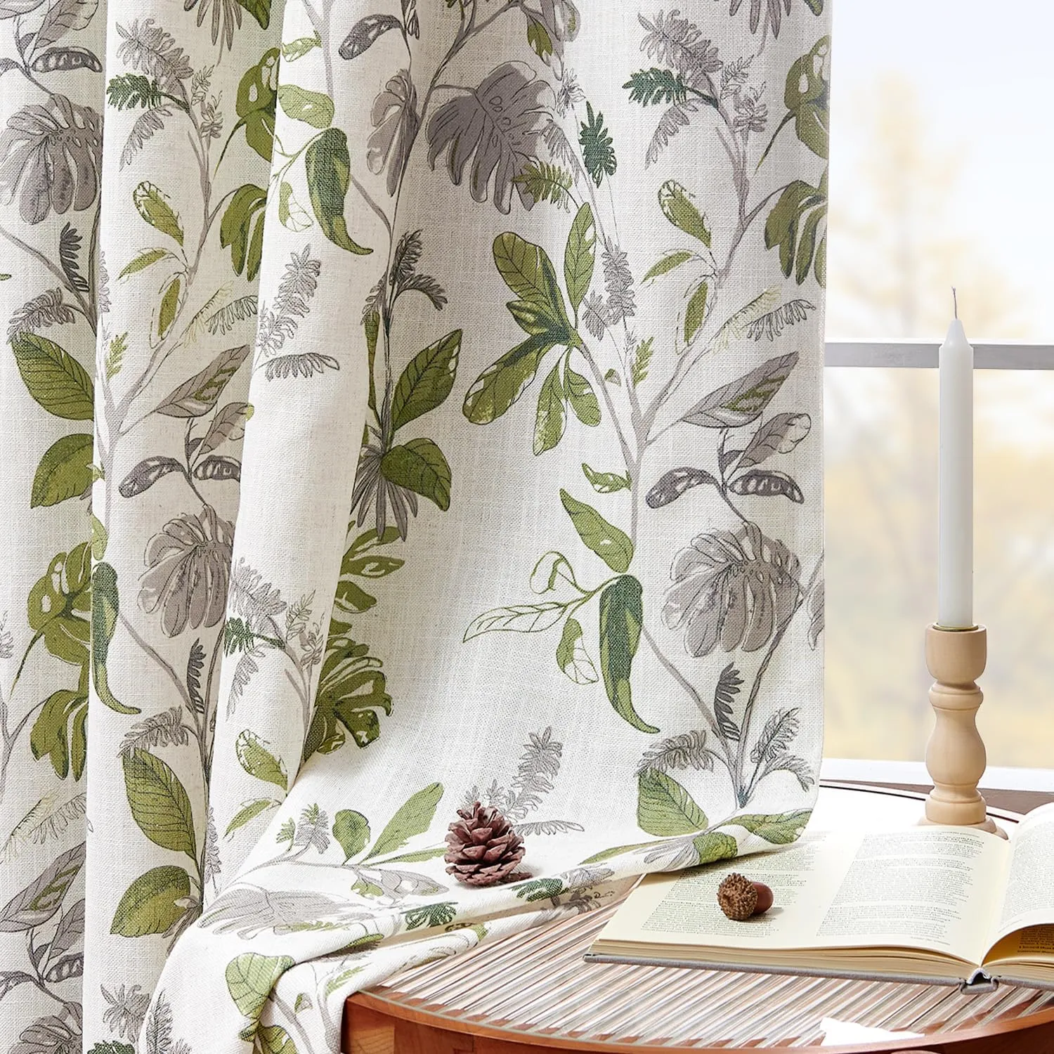 jinchan 100% Blackout Curtains for Bedroom 84 Inches Length Linen Curtains Tropical Green Leaf Print Botanical Window Treatment with Lining for Living Room Farmhouse Country Drapes Set 2 Panels