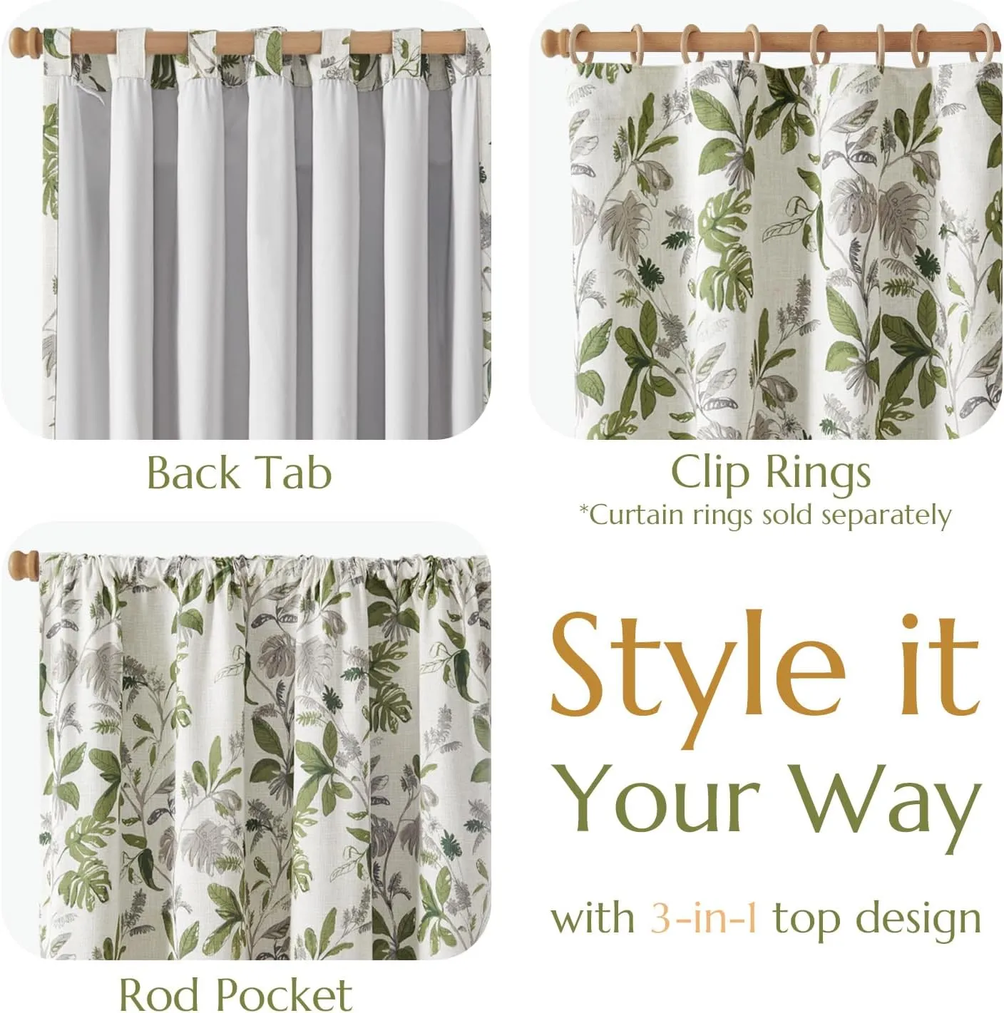 jinchan 100% Blackout Curtains for Bedroom 84 Inches Length Linen Curtains Tropical Green Leaf Print Botanical Window Treatment with Lining for Living Room Farmhouse Country Drapes Set 2 Panels