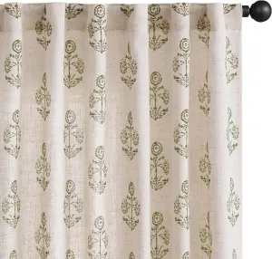 jinchan Linen Floral Curtains for Living Room 84 Inch Length Green Flower Cottage Core Farmhouse Curtains Rod Pocket Back Tab Boho Semi Sheer Window Drapes Bedroom Set 2 Panels Green on Beige