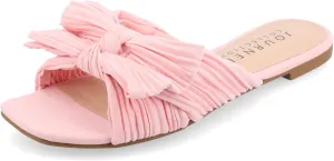 Journee Womens Pleated Metallic Bow Knot Low Block Heel Padded Open Square Toe Serlina Slide Sandal