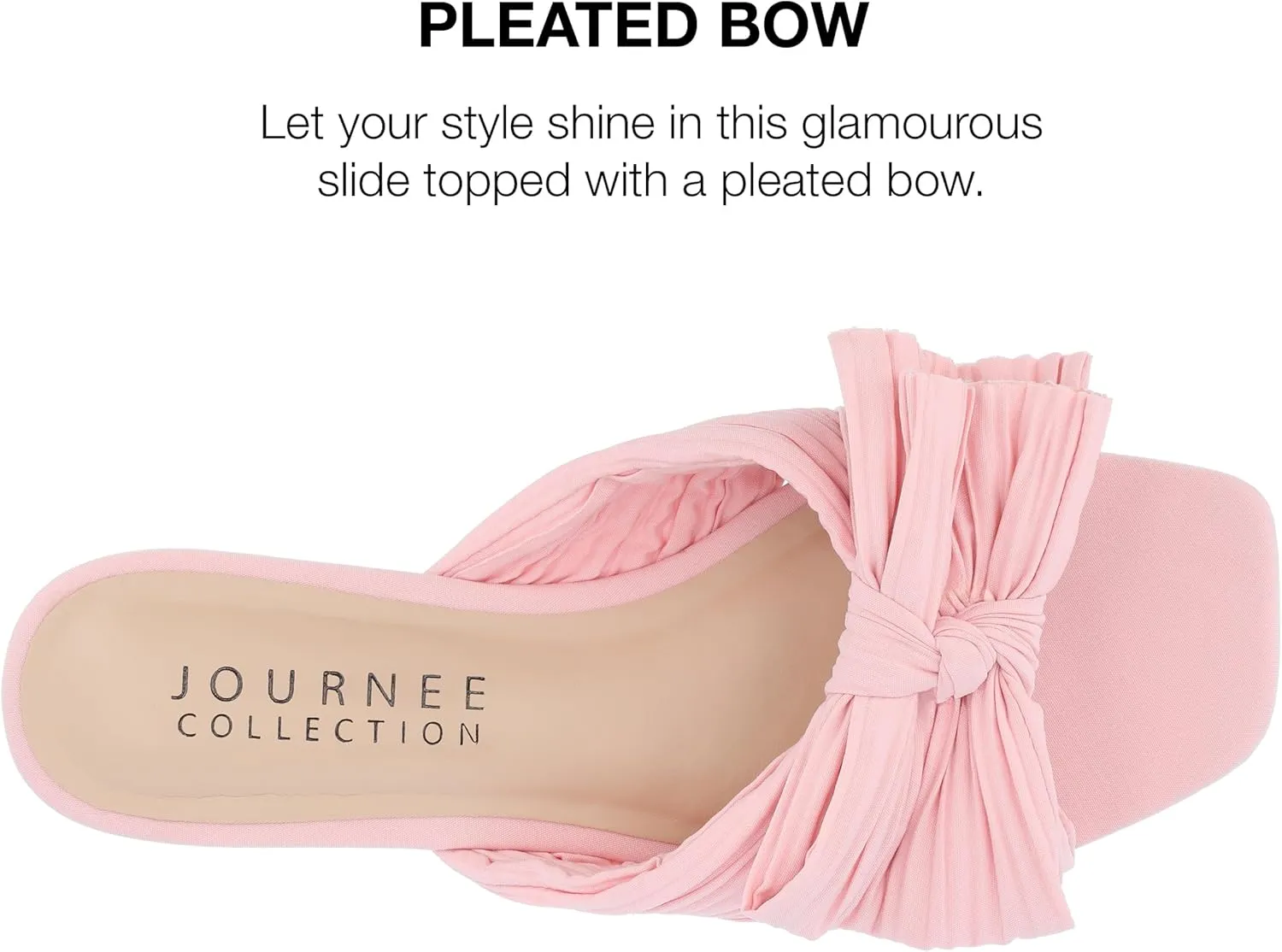 Journee Womens Pleated Metallic Bow Knot Low Block Heel Padded Open Square Toe Serlina Slide Sandal
