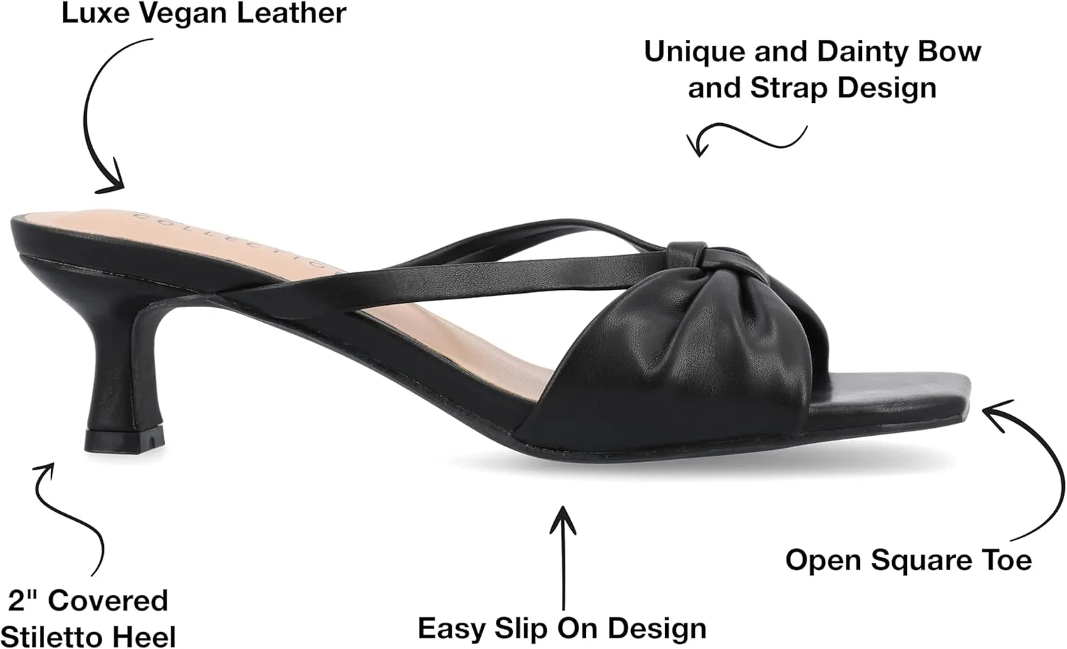 Journee Womens Strappy Bow Slip On Open Square Toe Stiletto Low Kitten Heel Padded Slide Starling Pumps