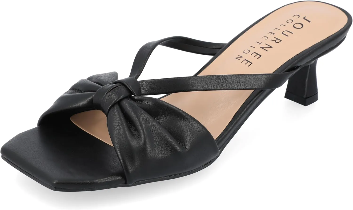 Journee Womens Strappy Bow Slip On Open Square Toe Stiletto Low Kitten Heel Padded Slide Starling Pumps