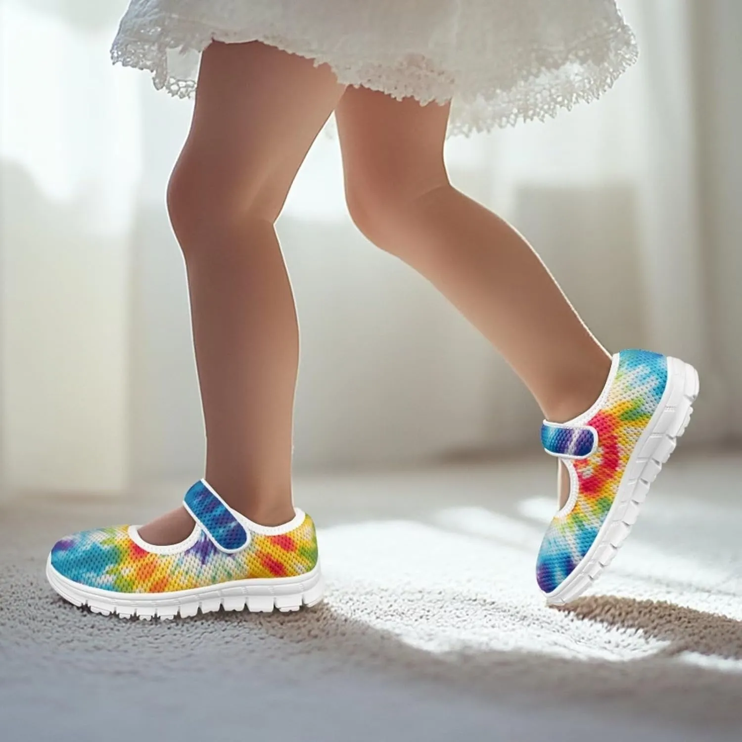 JoyLamoria Colorful Tie Dye Print Toddler Girls Dress Shoes Slip on Mary Jane Shoes for Girls Fashion Ballet Shoes Soft Flats Sneakers