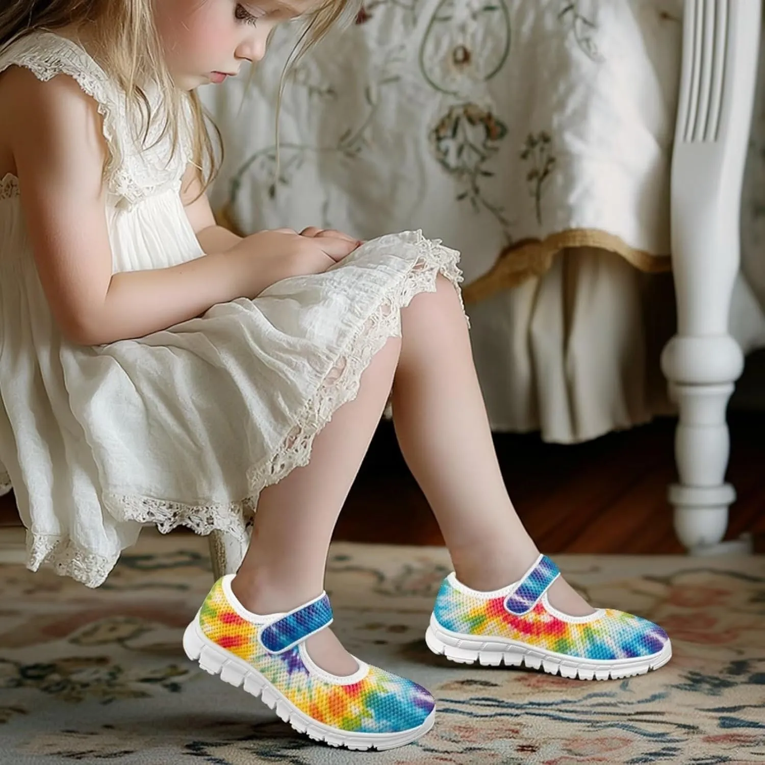 JoyLamoria Colorful Tie Dye Print Toddler Girls Dress Shoes Slip on Mary Jane Shoes for Girls Fashion Ballet Shoes Soft Flats Sneakers