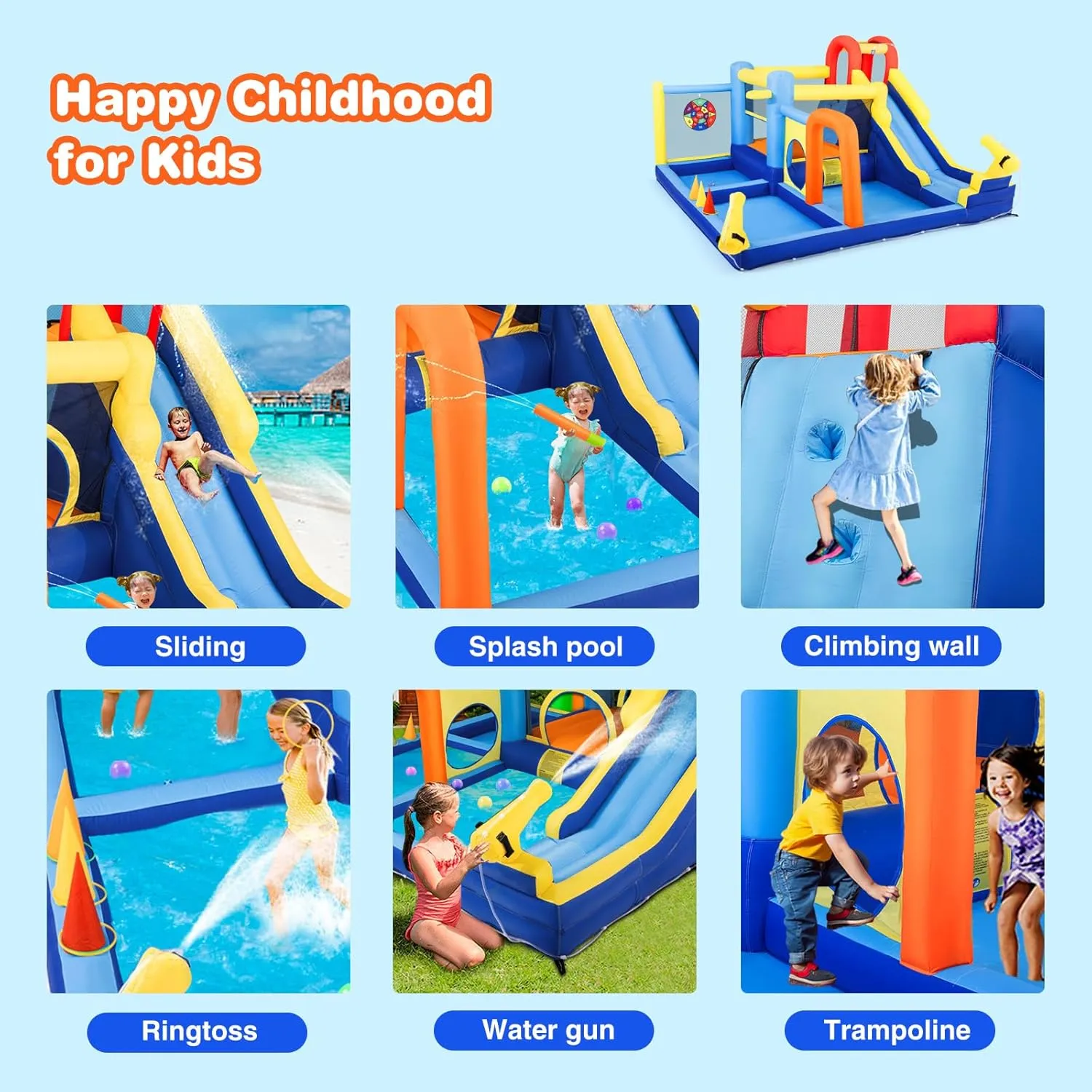 JOYLDIAS Inflatable Water Slide,Water Park Bounce House,Slide Bouncer Castle Playhouse w/Splash Pool, Climbing Wall, Trampoline，Felt Ball Target, Ring Toss Game for Kids Outdoor Fun, 550W Air Blower