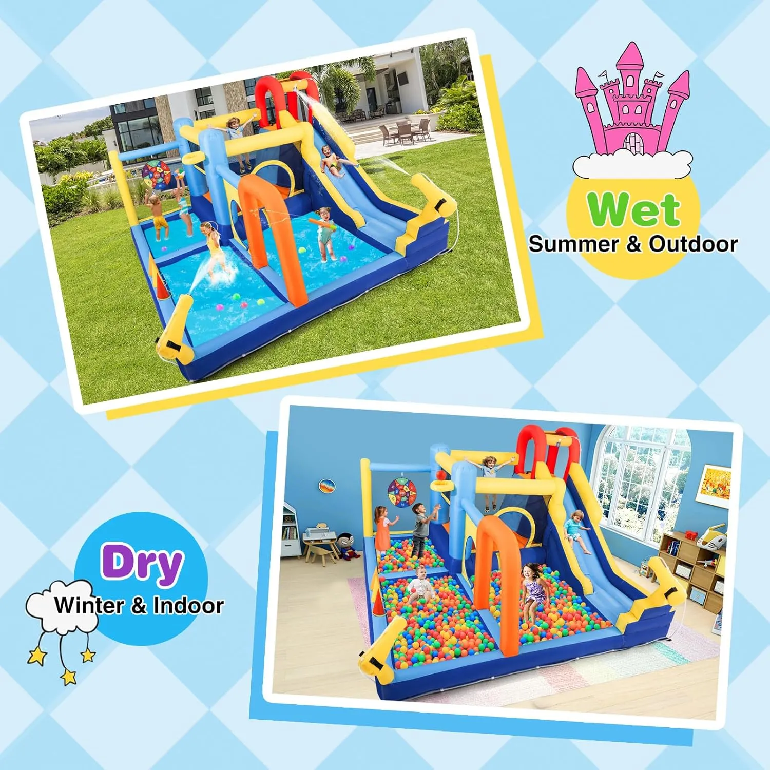 JOYLDIAS Inflatable Water Slide,Water Park Bounce House,Slide Bouncer Castle Playhouse w/Splash Pool, Climbing Wall, Trampoline，Felt Ball Target, Ring Toss Game for Kids Outdoor Fun, 550W Air Blower