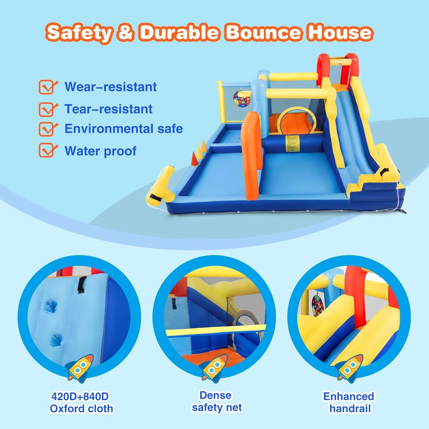 JOYLDIAS Inflatable Water Slide,Water Park Bounce House,Slide Bouncer Castle Playhouse w/Splash Pool, Climbing Wall, Trampoline，Felt Ball Target, Ring Toss Game for Kids Outdoor Fun, 550W Air Blower