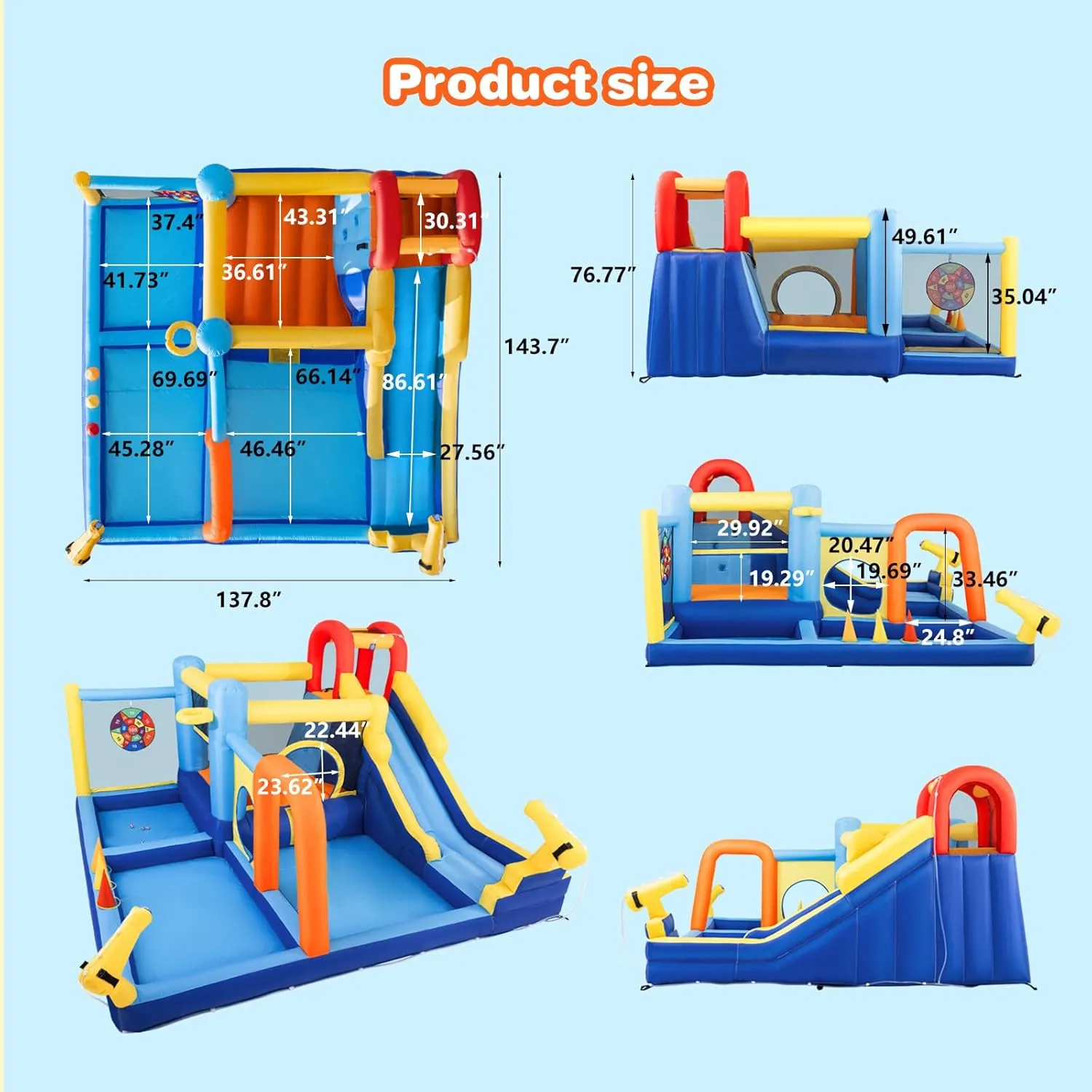 JOYLDIAS Inflatable Water Slide,Water Park Bounce House,Slide Bouncer Castle Playhouse w/Splash Pool, Climbing Wall, Trampoline，Felt Ball Target, Ring Toss Game for Kids Outdoor Fun, 550W Air Blower