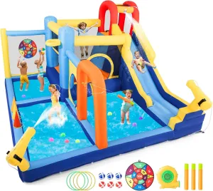 JOYLDIAS Inflatable Water Slide,Water Park Bounce House,Slide Bouncer Castle Playhouse w/Splash Pool, Climbing Wall, Trampoline，Felt Ball Target, Ring Toss Game for Kids Outdoor Fun, 550W Air Blower