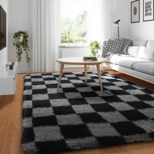 KICMOR Area Rugs for Bedroom, Black and Grey Fluffy Shag Soft 3x5 Checkered Small Living Room Carpet, Indoor Fuzzy Shaggy Plush Rug for Kids Boys Girls Teen Dorm Nursery Bedside Home Decor Aesthetic