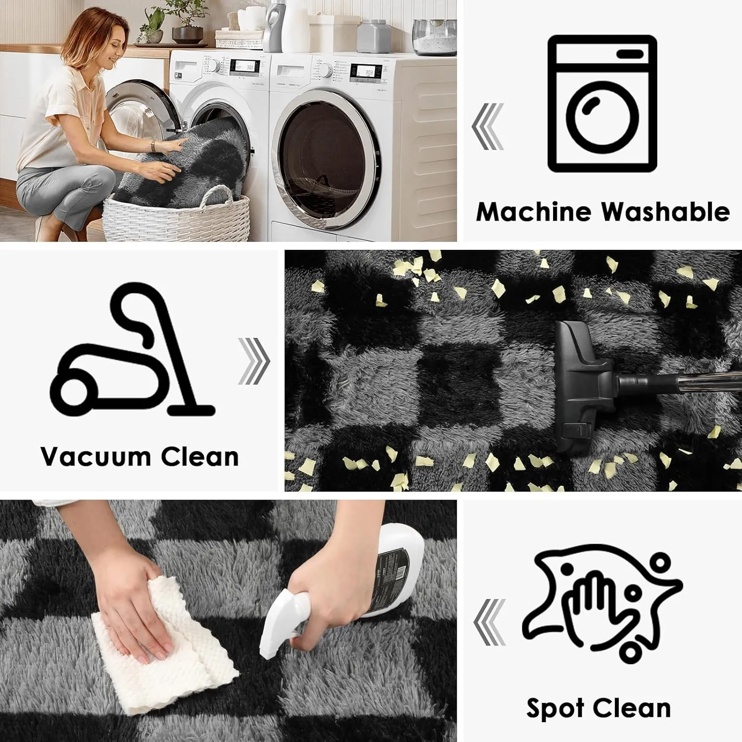 KICMOR Area Rugs for Bedroom, Black and Grey Fluffy Shag Soft 3x5 Checkered Small Living Room Carpet, Indoor Fuzzy Shaggy Plush Rug for Kids Boys Girls Teen Dorm Nursery Bedside Home Decor Aesthetic