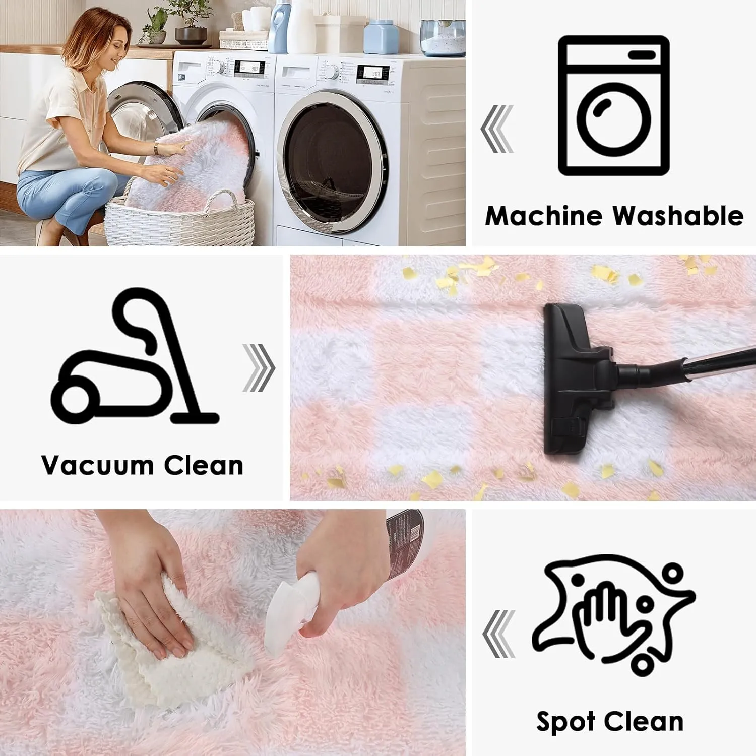 KICMOR Light Pink and White Rugs for Bedroom Girls, 4x6 Fluffy Fuzzy Checkered Shag Area Rug Shaggy Bedside Carpet, Soft Plush Cute Rug for Toddler Kids Baby Nursery Teen Dorm Living Room Home Decor