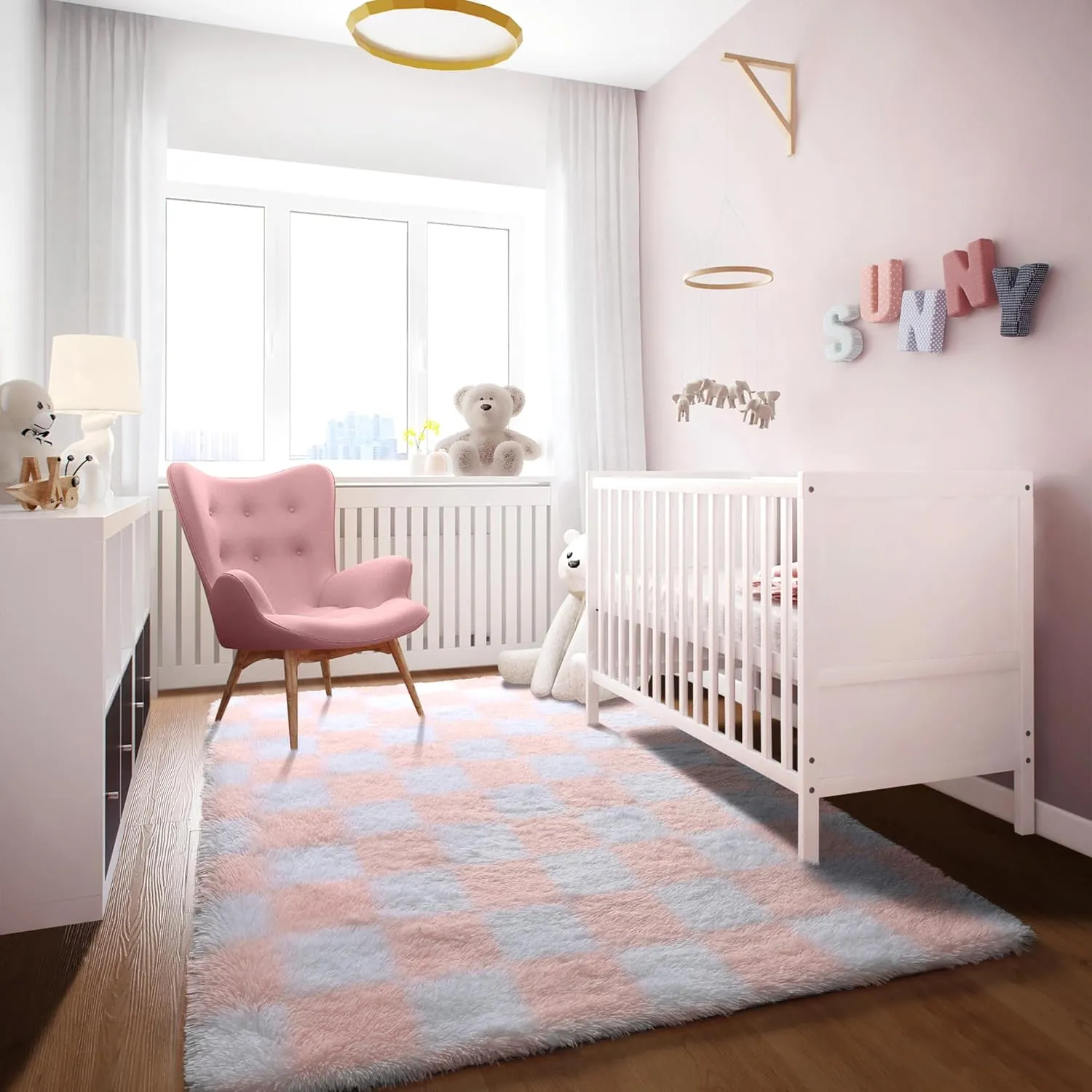 KICMOR Light Pink and White Rugs for Bedroom Girls, 4x6 Fluffy Fuzzy Checkered Shag Area Rug Shaggy Bedside Carpet, Soft Plush Cute Rug for Toddler Kids Baby Nursery Teen Dorm Living Room Home Decor