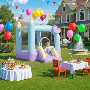 Kids Bouncy Castle with Slide - 8FT Large Inflatable Jumping Castle for 2 Kids, 420D/840D Oxford Fabric Safety Net Enclosure, Blower & Carry Bag, 3-8 Years Indoor/Outdoor Play