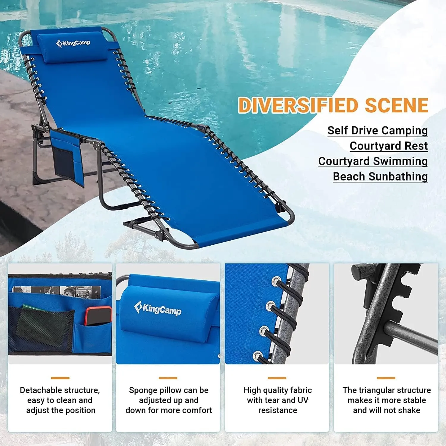 KingCamp Lounge Chair Outdoor, Folding Portable Tanning Chairs Comfy Adjustable 5-Position Lay Flat Foldable Chaise Chaser Lounger with Pillow for Outside Beach Patio Sun bathing Backyard Pool, Blue