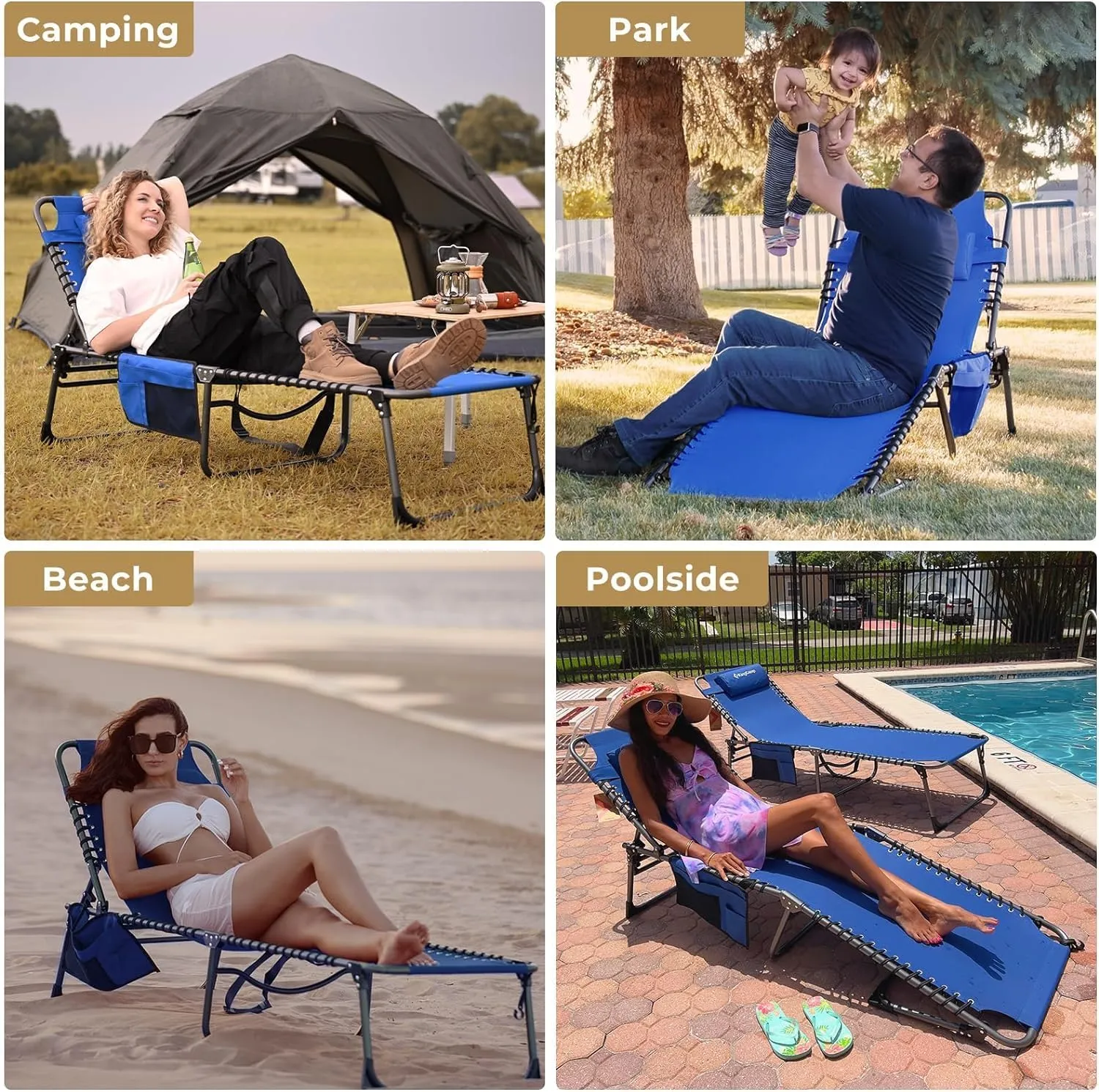KingCamp Lounge Chair Outdoor, Folding Portable Tanning Chairs Comfy Adjustable 5-Position Lay Flat Foldable Chaise Chaser Lounger with Pillow for Outside Beach Patio Sun bathing Backyard Pool, Blue