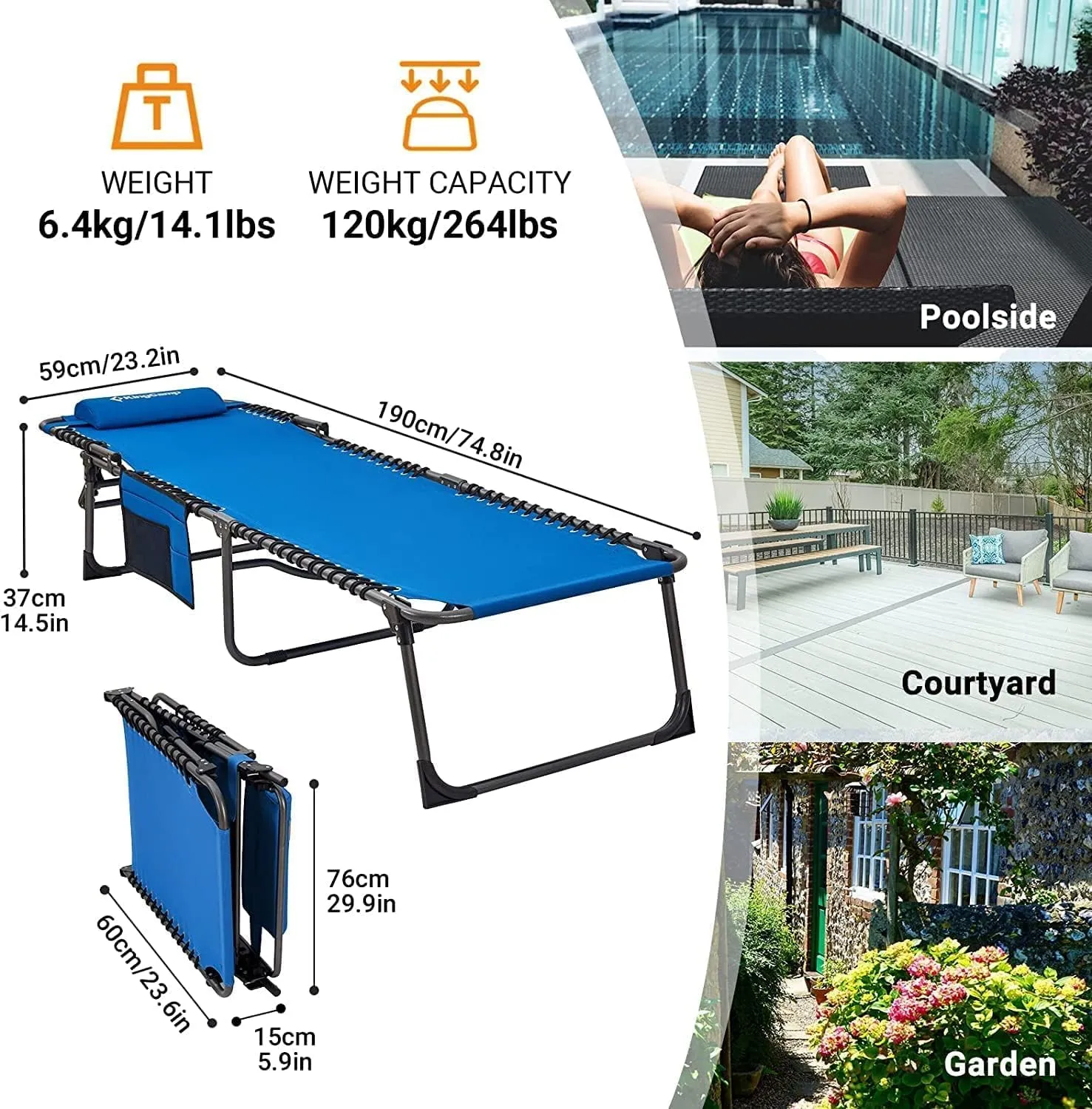KingCamp Lounge Chair Outdoor, Folding Portable Tanning Chairs Comfy Adjustable 5-Position Lay Flat Foldable Chaise Chaser Lounger with Pillow for Outside Beach Patio Sun bathing Backyard Pool, Blue