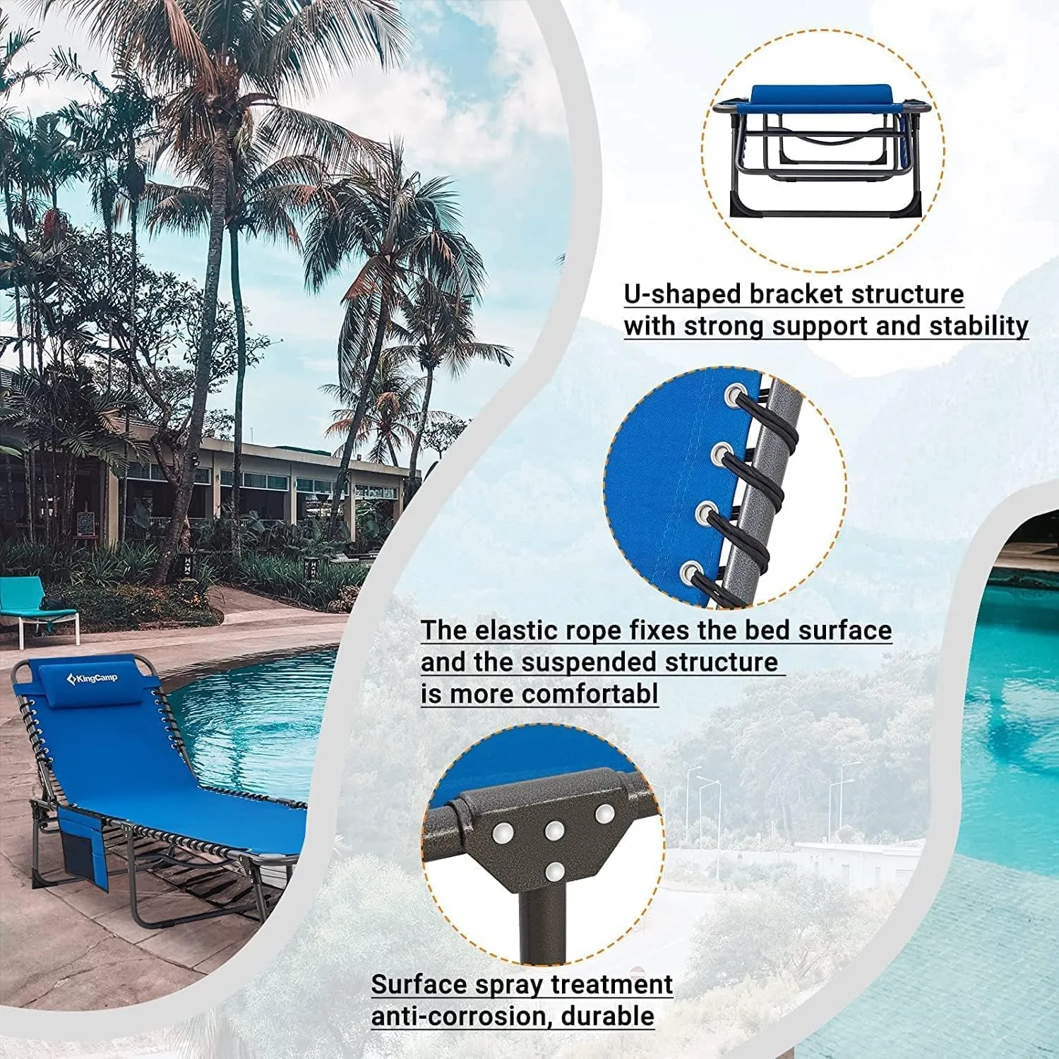KingCamp Lounge Chair Outdoor, Folding Portable Tanning Chairs Comfy Adjustable 5-Position Lay Flat Foldable Chaise Chaser Lounger with Pillow for Outside Beach Patio Sun bathing Backyard Pool, Blue