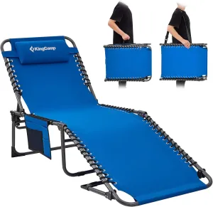KingCamp Lounge Chair Outdoor, Folding Portable Tanning Chairs Comfy Adjustable 5-Position Lay Flat Foldable Chaise Chaser Lounger with Pillow for Outside Beach Patio Sun bathing Backyard Pool, Blue