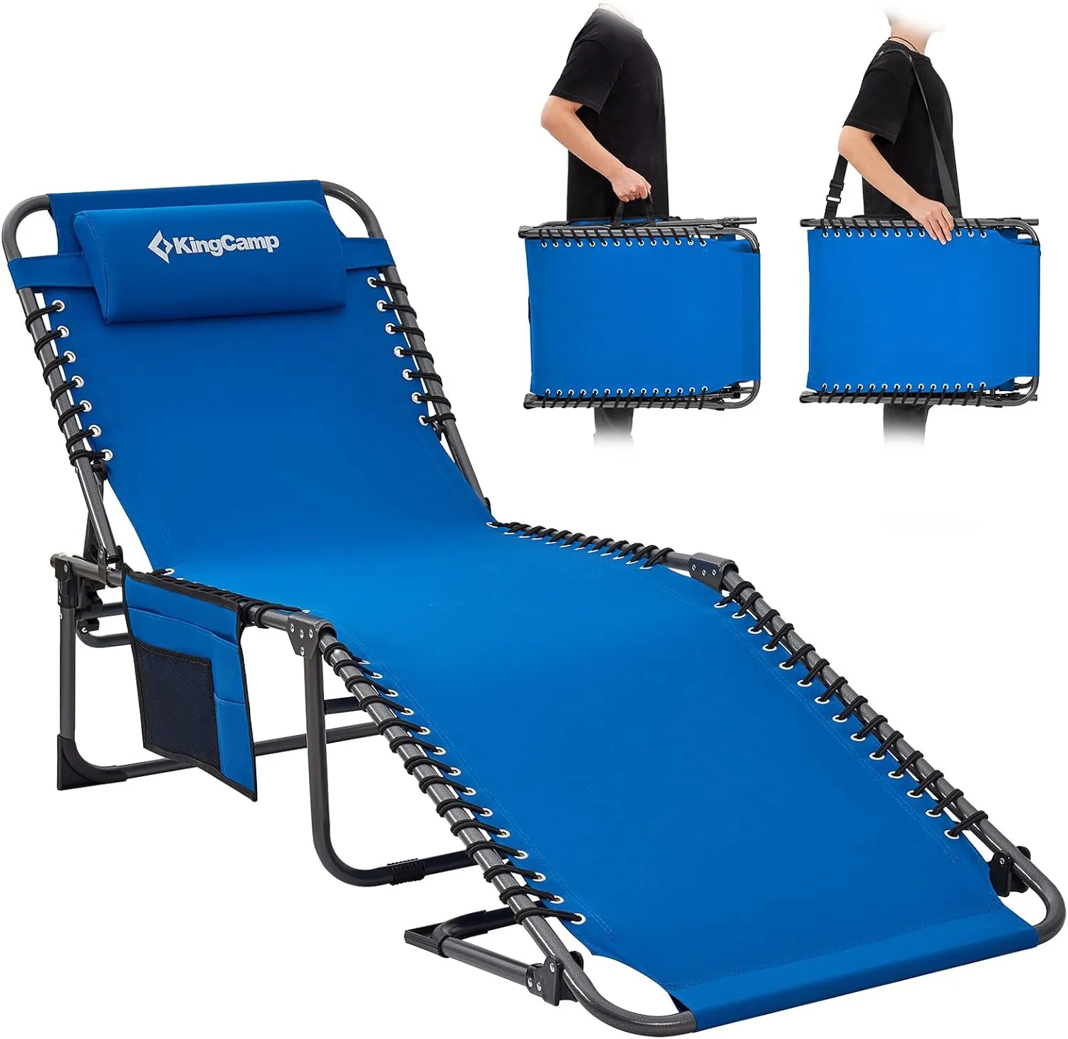 KingCamp Lounge Chair Outdoor, Folding Portable Tanning Chairs Comfy Adjustable 5-Position Lay Flat Foldable Chaise Chaser Lounger with Pillow for Outside Beach Patio Sun bathing Backyard Pool, Blue
