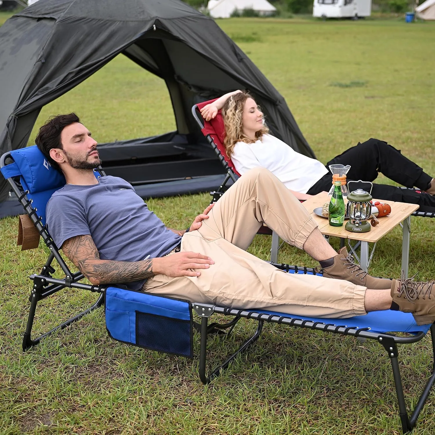 KingCamp Lounge Chair Outdoor, Folding Portable Tanning Chairs Comfy Adjustable 5-Position Lay Flat Foldable Chaise Chaser Lounger with Pillow for Outside Beach Patio Sun bathing Backyard Pool, Blue