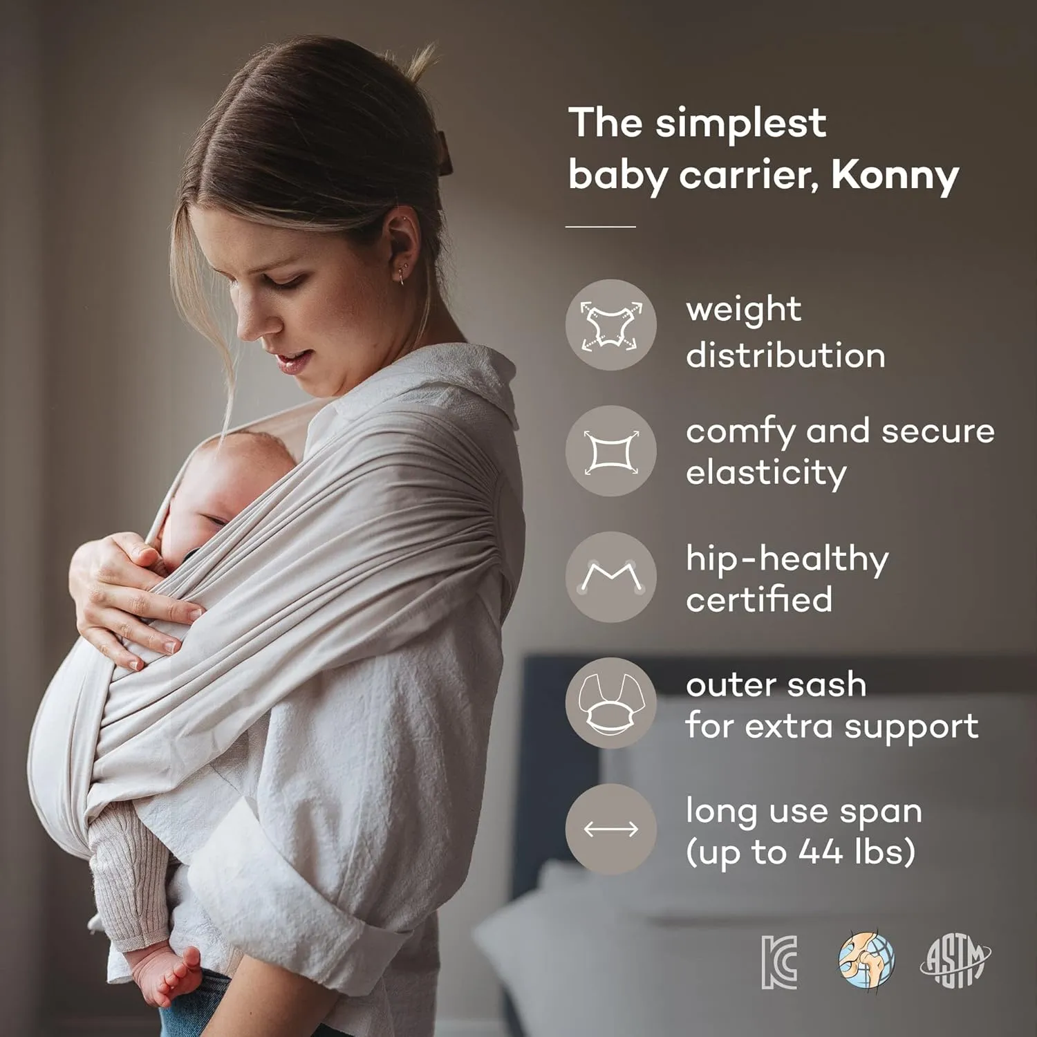 Konny Original Baby Carrier SoftBreeze Luxury Carrier Wrap, Easy to Wear Baby Wrap Carrier, Perfect Essentials Cloths for Newborn Babies up to 44 lbs, (Stripe, 2XS)
