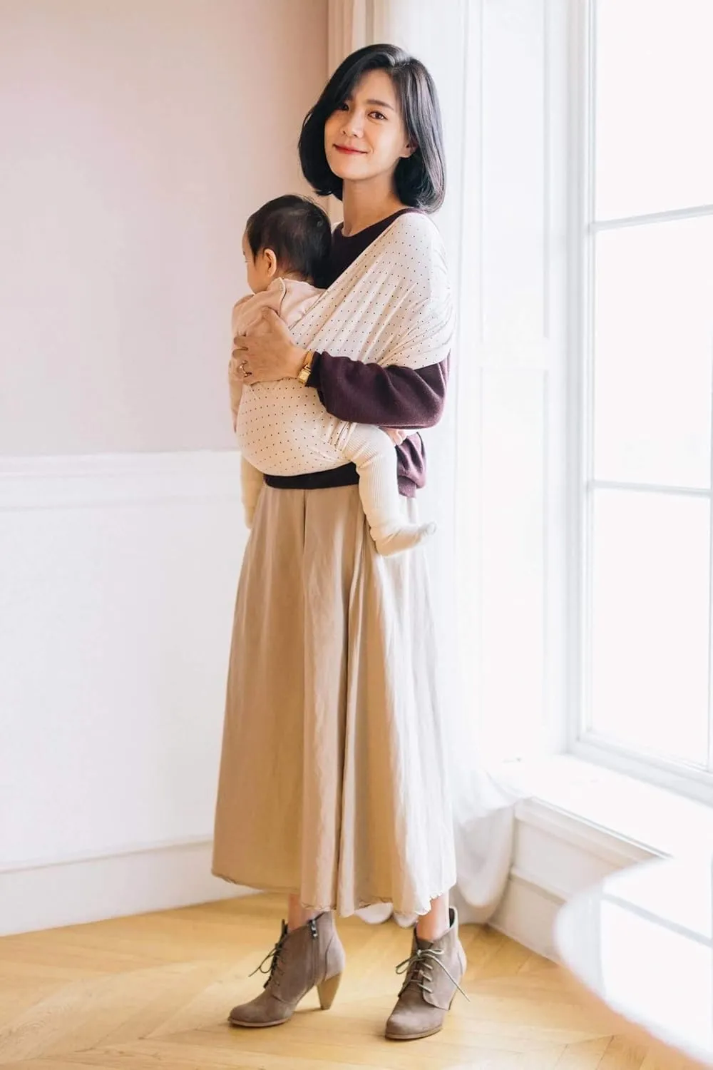 Konny Original Baby Carrier SoftBreeze Luxury Carrier Wrap, Easy to Wear Baby Wrap Carrier, Perfect Essentials Cloths for Newborn Babies up to 44 lbs, (Wine Dot, XL)