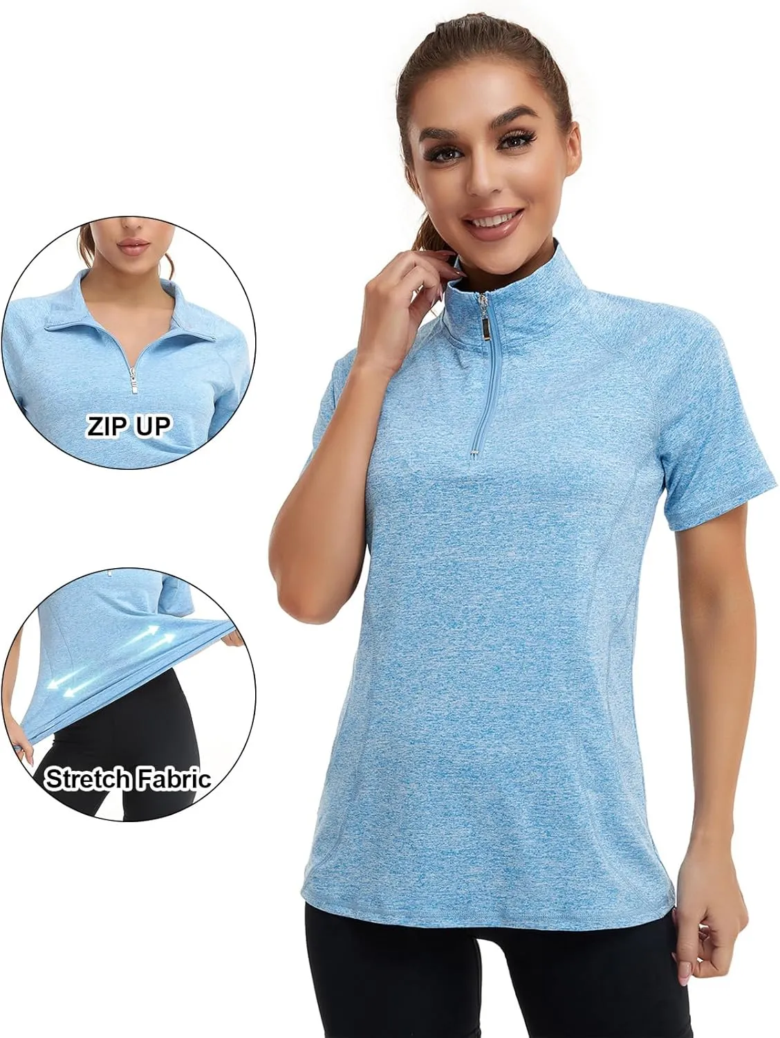 Koscacy Womens Quarter Zip Polo Shirts Short Sleeve Quick Dry Golf Tennis Athletic Tops (S-2XL)