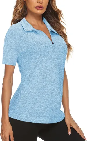 Koscacy Womens Quarter Zip Polo Shirts Short Sleeve Quick Dry Golf Tennis Athletic Tops (S-2XL)