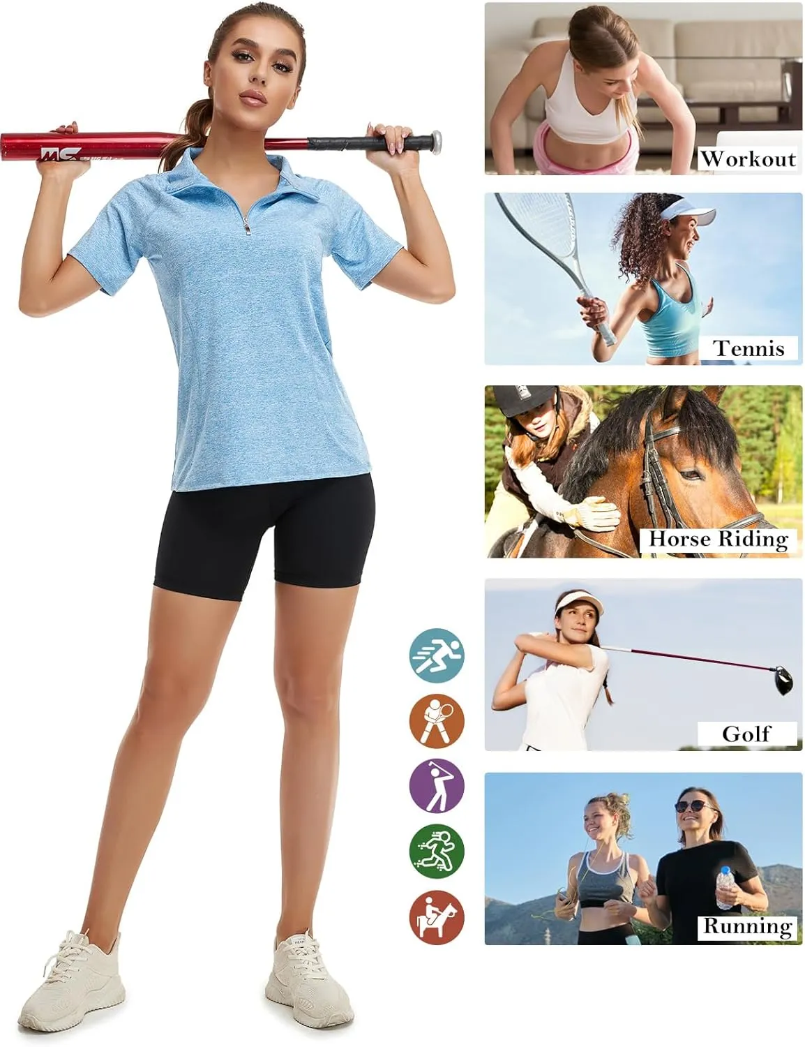 Koscacy Womens Quarter Zip Polo Shirts Short Sleeve Quick Dry Golf Tennis Athletic Tops (S-2XL)