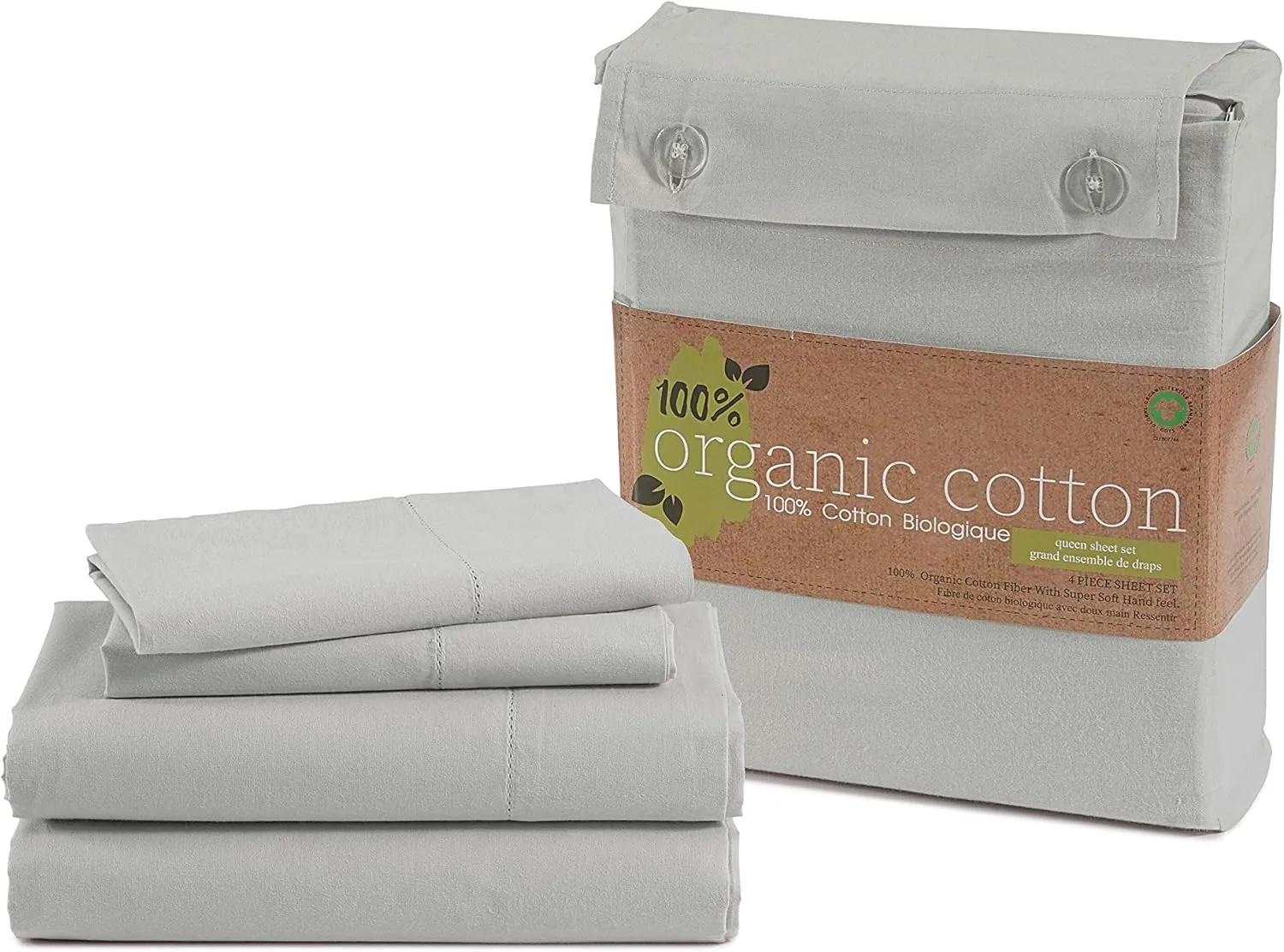 LANE LINEN 100% Organic Cotton Mercerized Queen Sheets, Soft & Comfy Naturally Cooling Cotton Sheets Queen Size Set, Classic Percale Weave Low Pill Fade Resistant Queen Bed Sheets- Silver