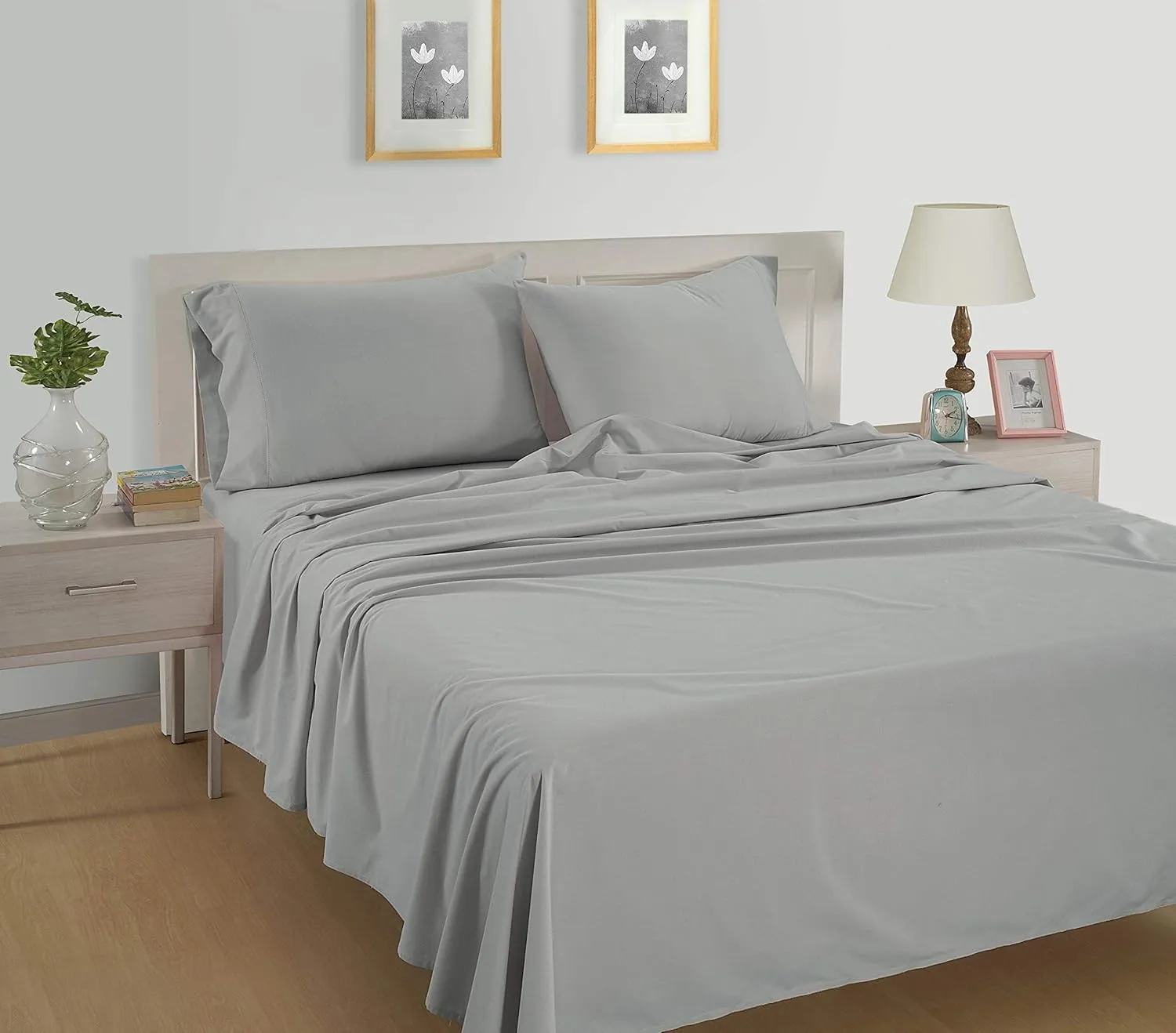 LANE LINEN 100% Organic Cotton Mercerized Queen Sheets, Soft & Comfy Naturally Cooling Cotton Sheets Queen Size Set, Classic Percale Weave Low Pill Fade Resistant Queen Bed Sheets- Silver