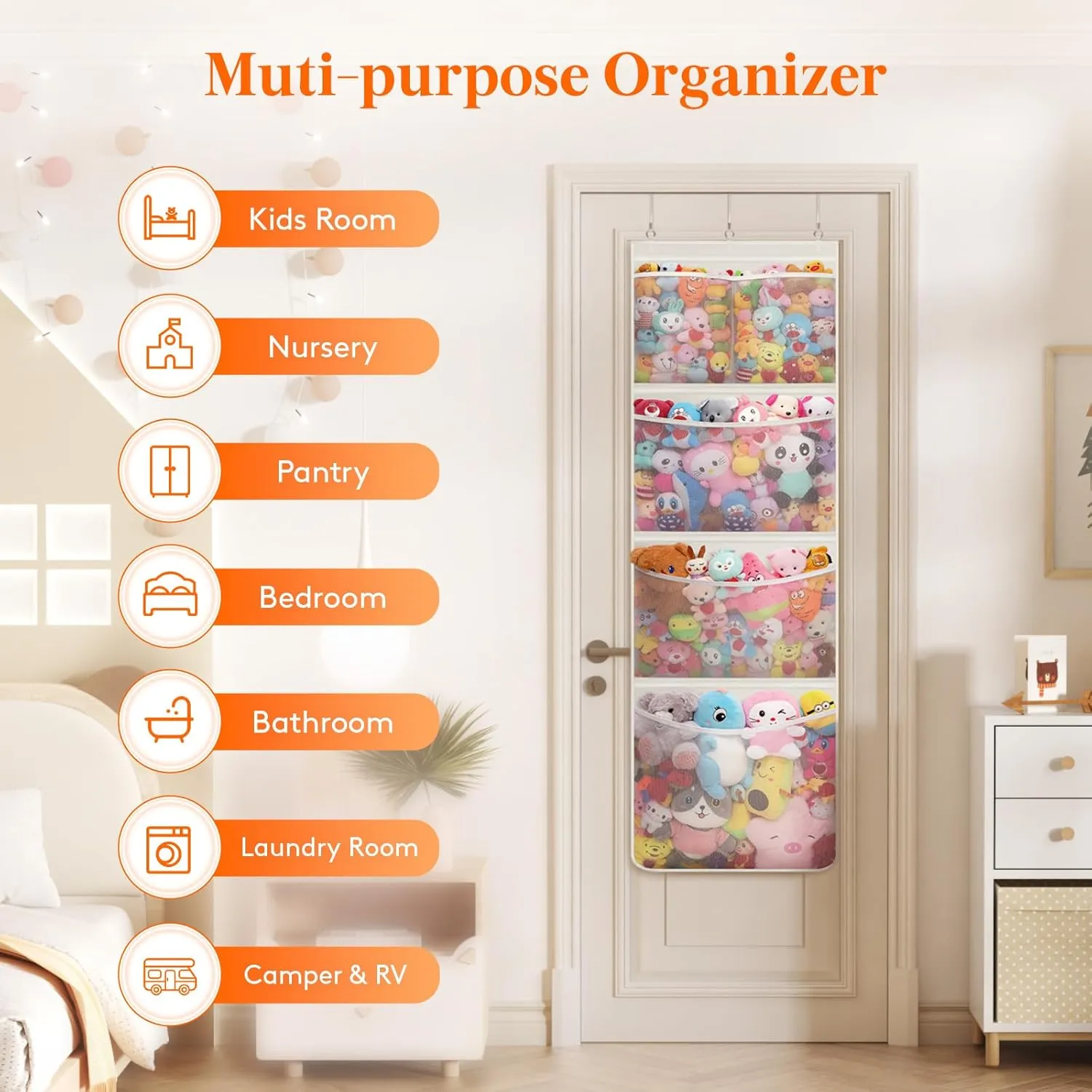 Lifewit Stuffed Animal Storage, 2 Pack Over the Door Organizer with 5 Expandable Mesh Pockets, Breathable Hanging Kid Plush Net Hammock Baby Toy Holder for Closet, Nursery, Bedroom, Bathroom,White