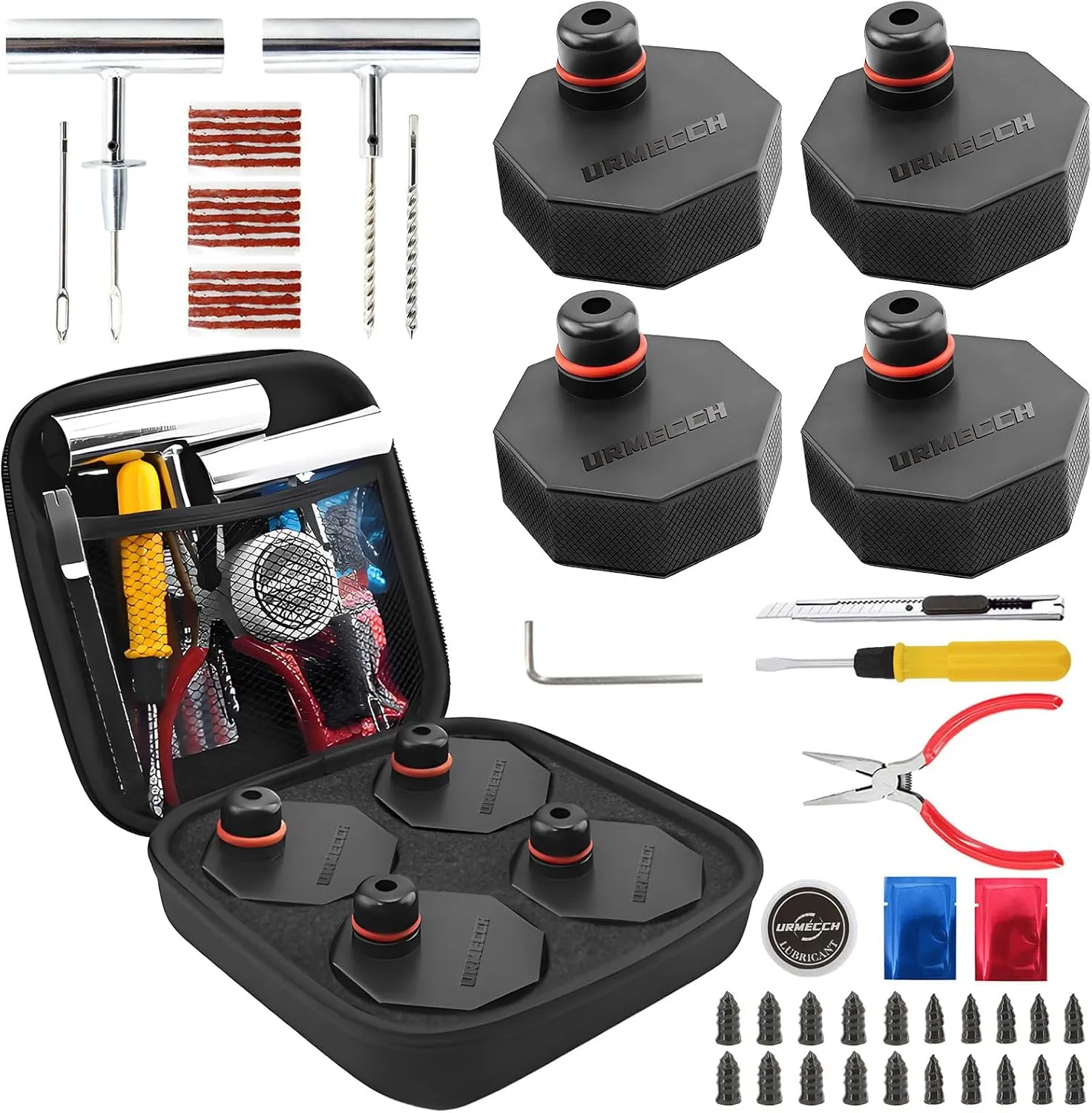 Lifting Jack Pads and Tire Repair Tool Kit for Ford Mach E, 4PCS Rubber Jack Pad Adapter Jacking Point Pucks for Mustang Mach-E 2021-2025, All-in-1 Car Tire Repair Tool Kit with Storage Box