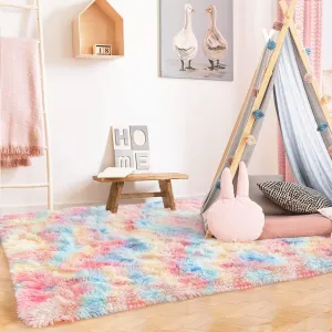 LOCHAS Luxury Fluffy Rainbow Area Rug for Girls Bedroom 4x6, Soft Fuzzy Kids Rugs for Bedroom Boys Playroom, Cute Colorful Tie Dye Princess Carpet for Nursery Living Room Home Decor, Rainbow