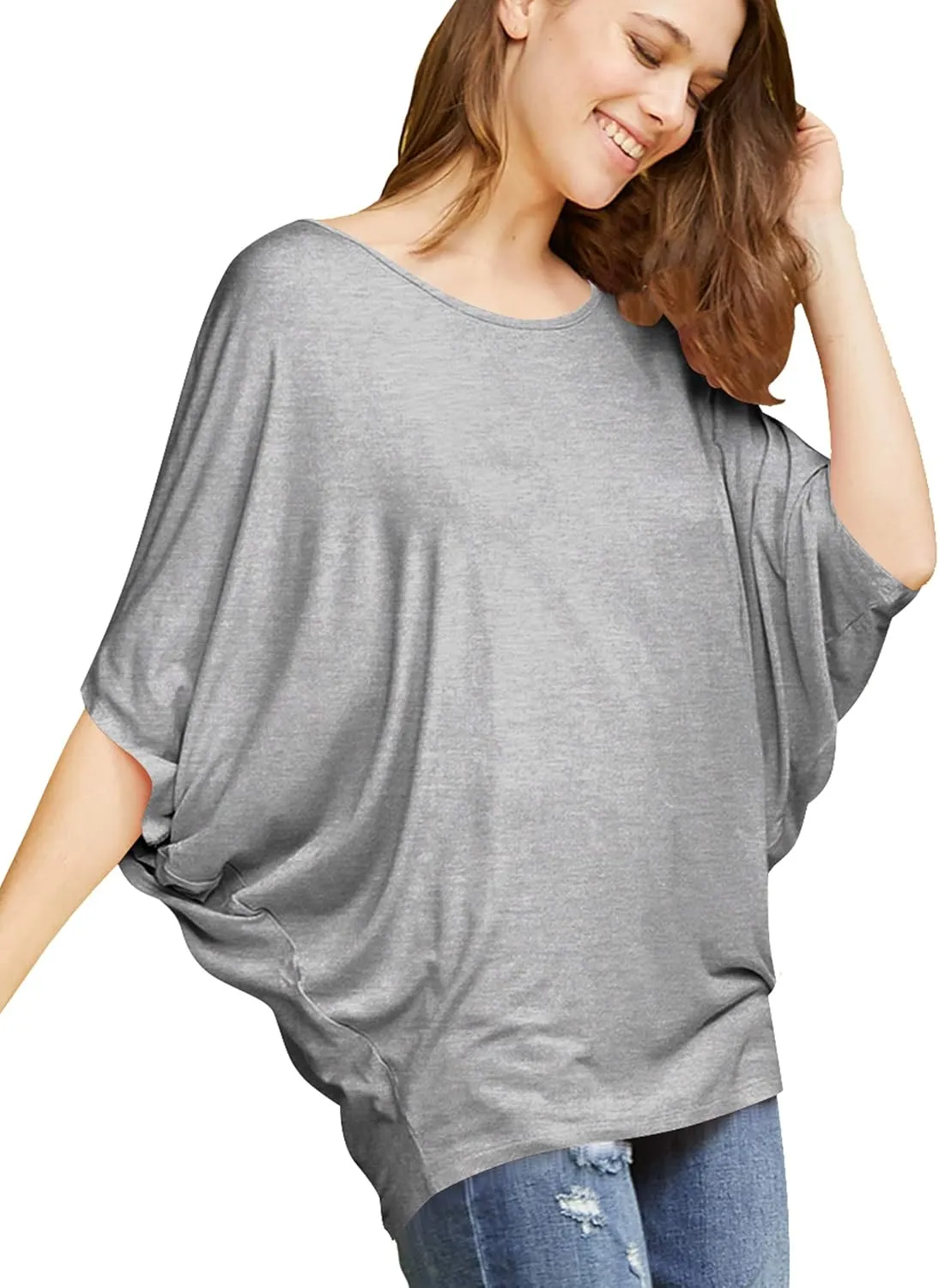 Lock and Love Women's Solid Scoop Neck Short Sleeve Loose Blouse Batwing Dolman Top Oversize