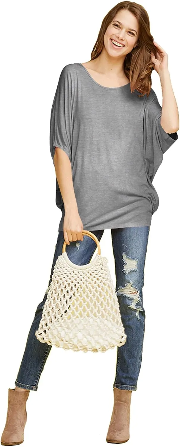Lock and Love Women's Solid Scoop Neck Short Sleeve Loose Blouse Batwing Dolman Top Oversize