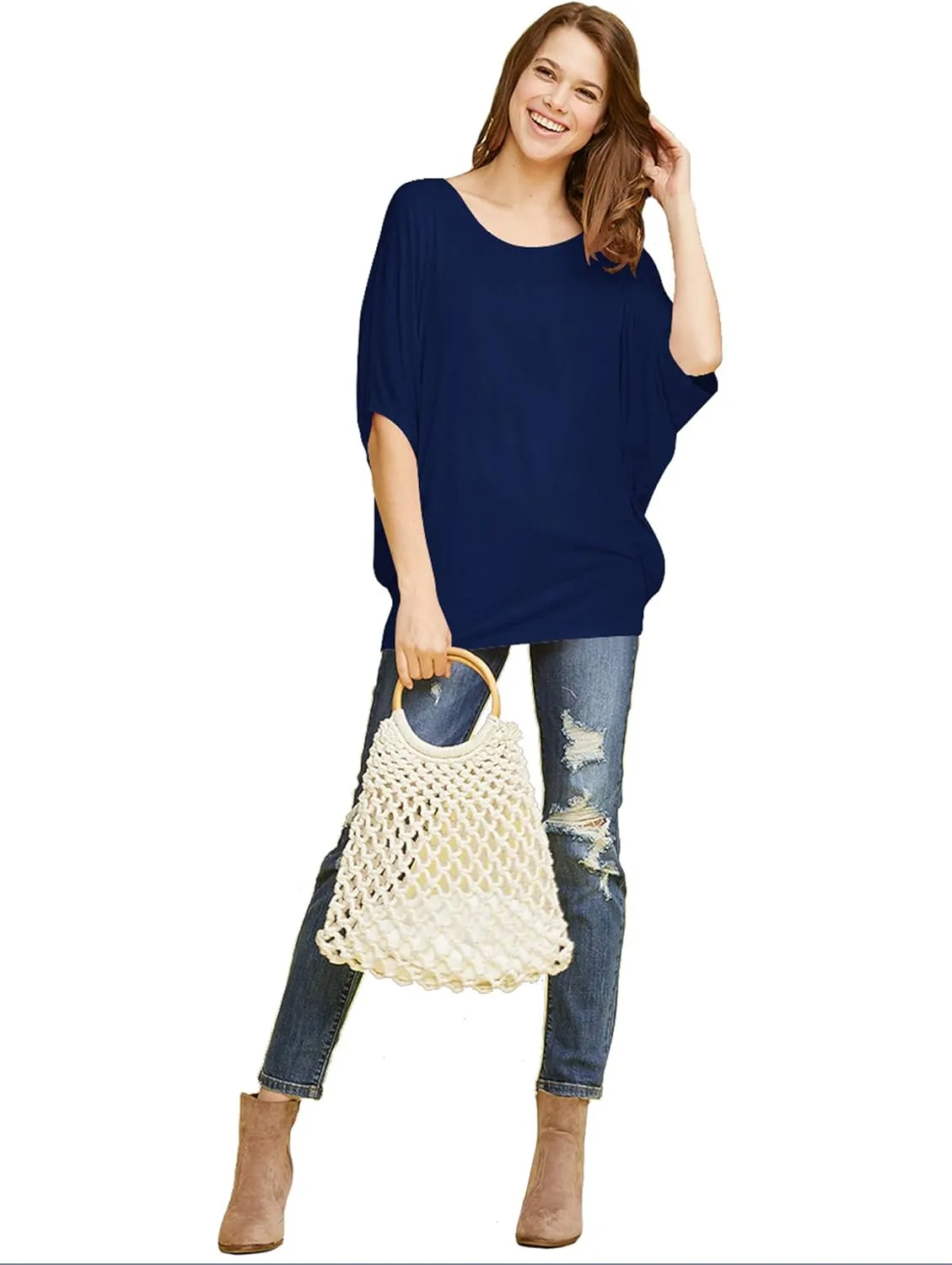 Lock and Love Women's Solid Scoop Neck Short Sleeve Loose Blouse Batwing Dolman Top Oversize