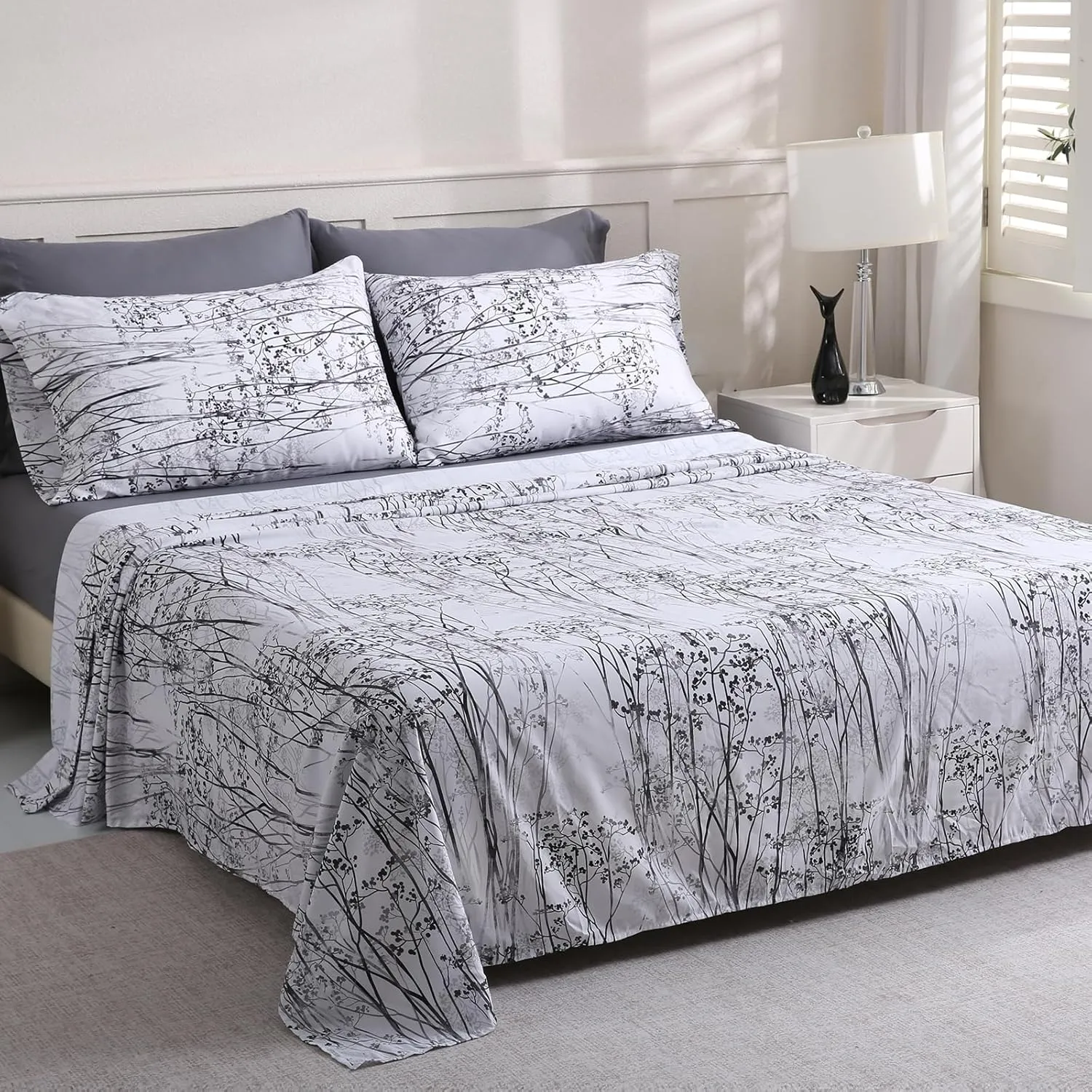 LONAVA Queen Size Bed Sheet Set, 6 Piece, Deep Pocket Dark Grey Fitted Sheet, Comfy & Breathable Patterned Flat Sheets, Premium Microfiber, Misty Forest Printed