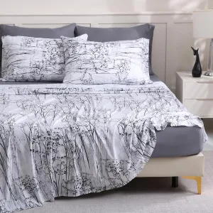 LONAVA Queen Size Bed Sheet Set, 6 Piece, Deep Pocket Dark Grey Fitted Sheet, Comfy & Breathable Patterned Flat Sheets, Premium Microfiber, Misty Forest Printed