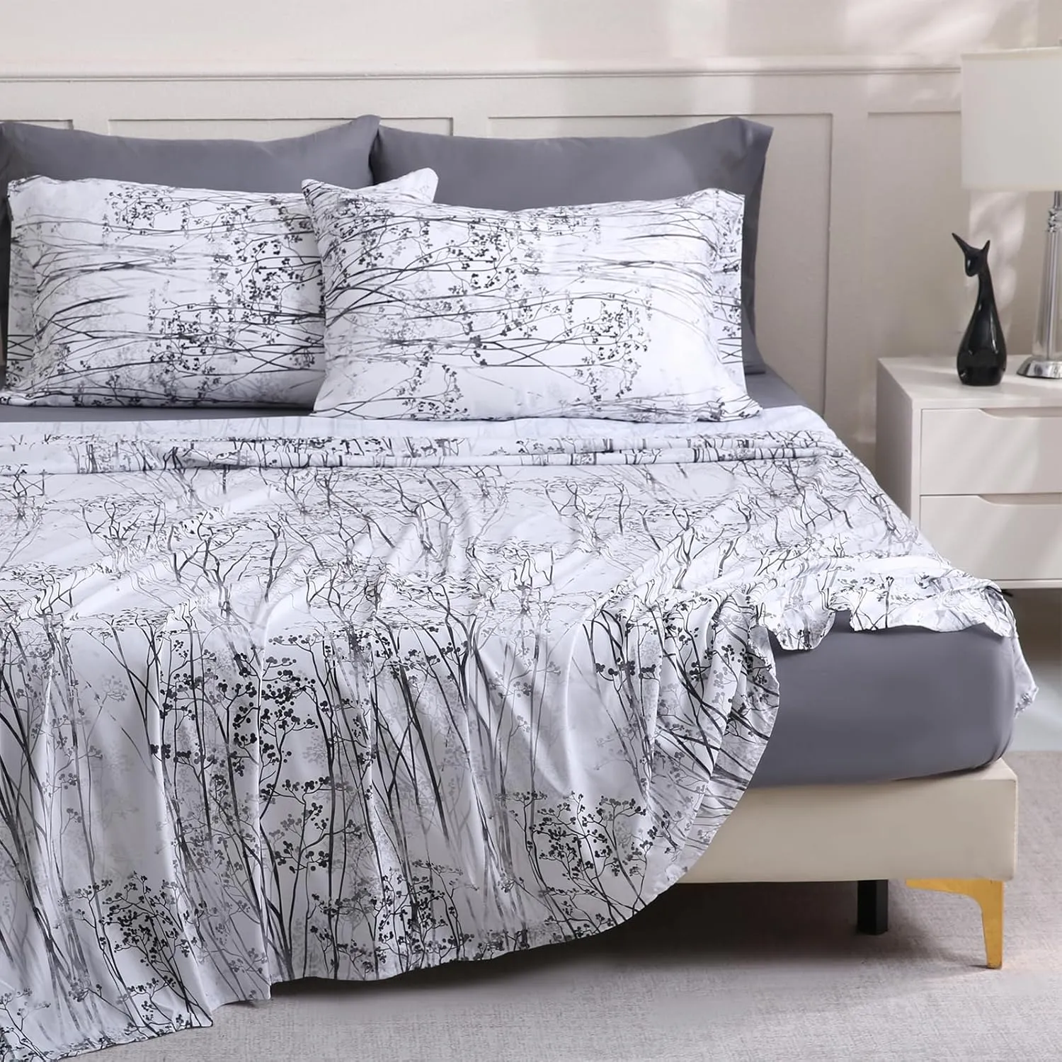 LONAVA Queen Size Bed Sheet Set, 6 Piece, Deep Pocket Dark Grey Fitted Sheet, Comfy & Breathable Patterned Flat Sheets, Premium Microfiber, Misty Forest Printed