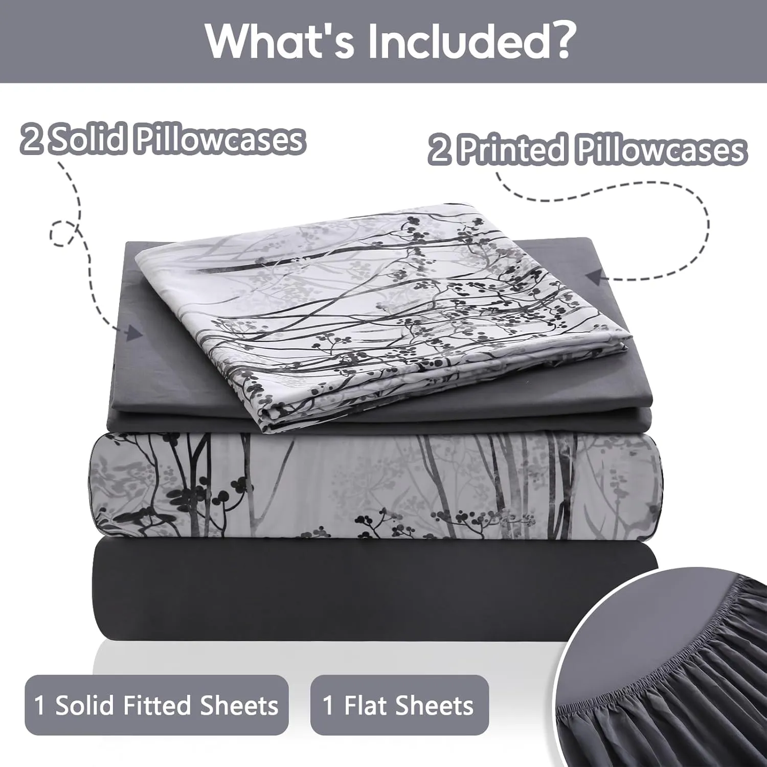LONAVA Queen Size Bed Sheet Set, 6 Piece, Deep Pocket Dark Grey Fitted Sheet, Comfy & Breathable Patterned Flat Sheets, Premium Microfiber, Misty Forest Printed