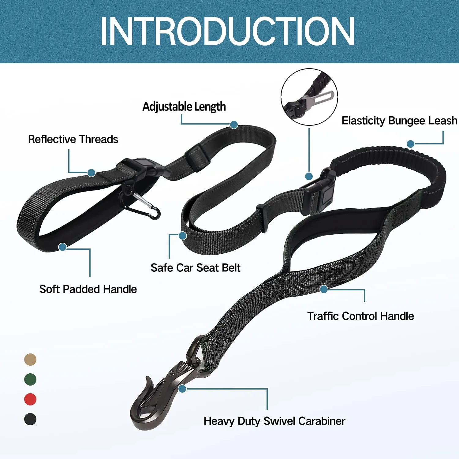 LOS ANDES Heavy Duty Dog Leash - 5-8 FT Walking Leash with Traffic Handle, Shock Absorbing Bungee, Reflective Lead for Medium & Large Dogs, Black