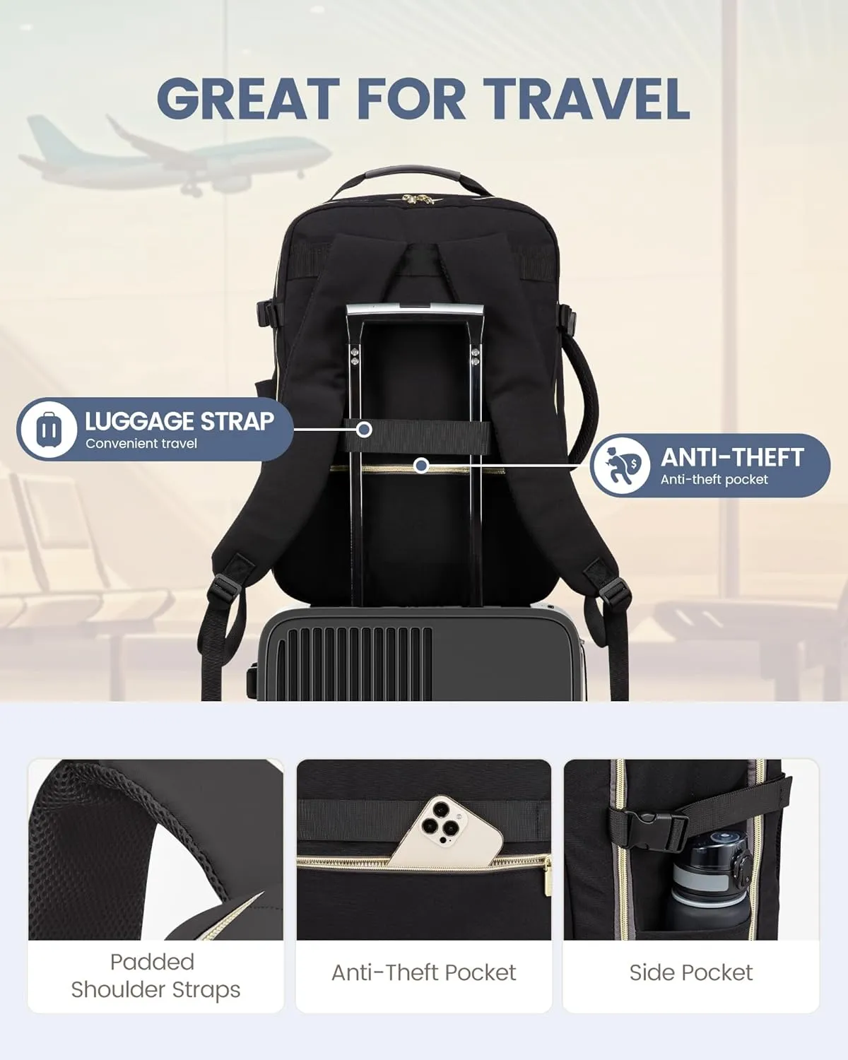 LOVEVOOK Carry on Travel Backpack, 40L Waterproof Large 17inch Laptop Luggage Daypack as Personal Item Flight Approved, Business Weekender Overnight with 3 Packing Cubes, Black-Grey