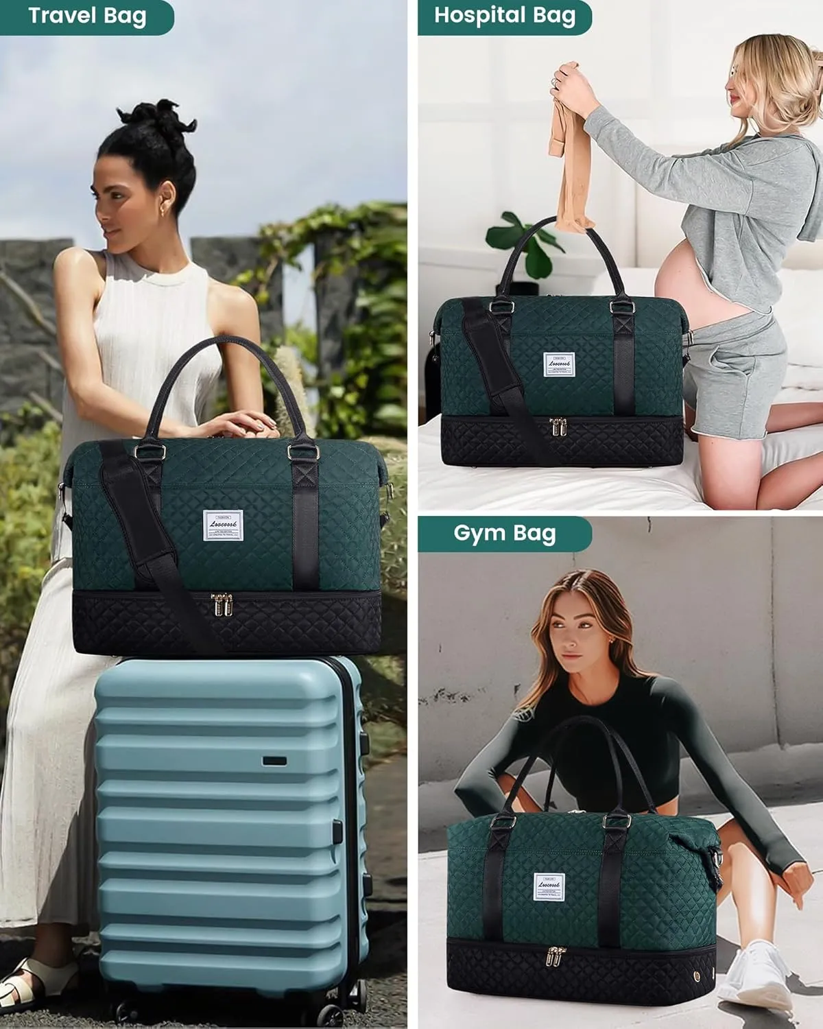 LOVEVOOK Travel Weekender Bag for Women, Carry on Overnight Bag with Shoe Compartment, Travel Duffle Bag Women, Yoga Gym Duffel Bag with Wet Pocket, Hospital Bags for Labor and Delivery, 3 Pcs Set