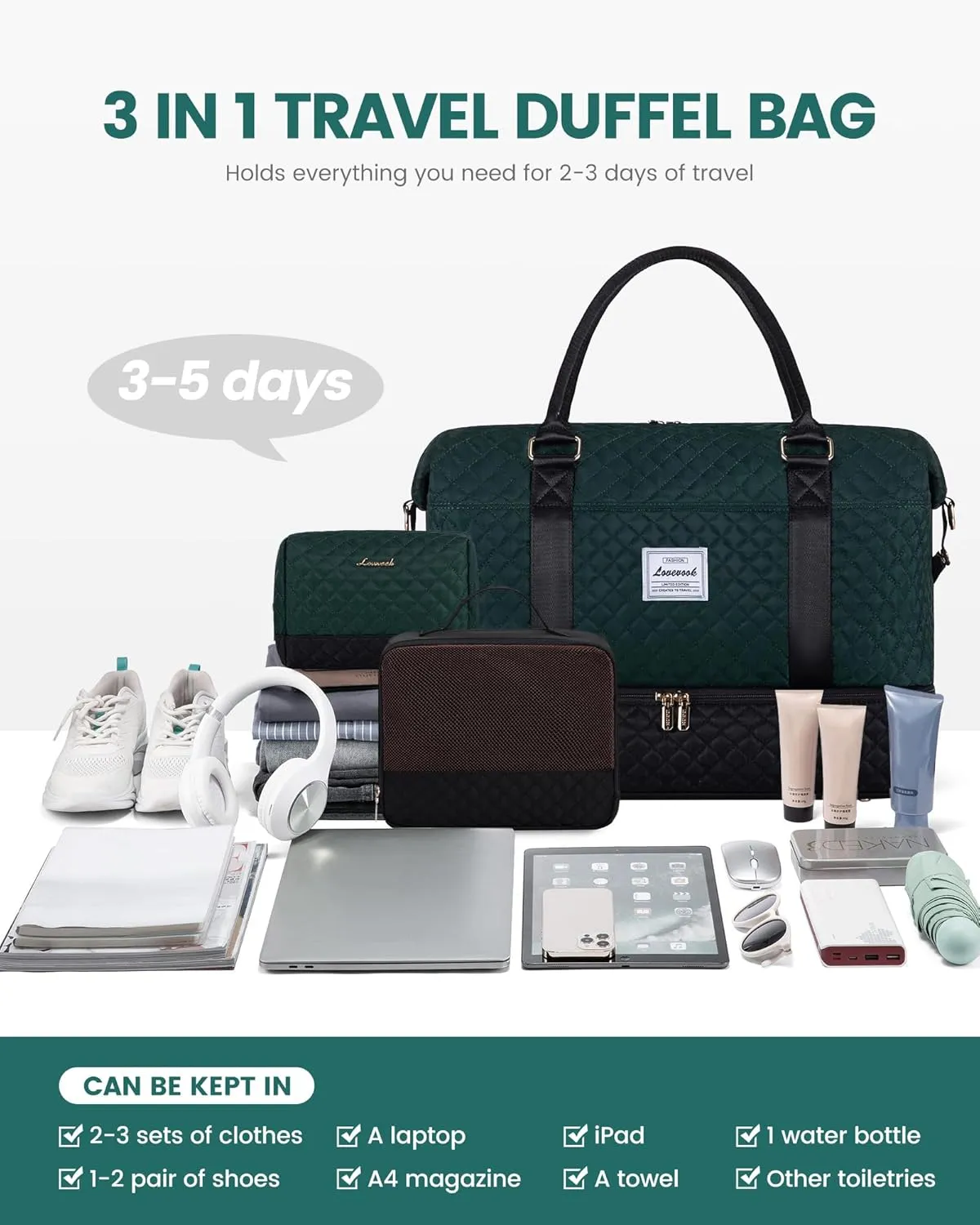 LOVEVOOK Travel Weekender Bag for Women, Carry on Overnight Bag with Shoe Compartment, Travel Duffle Bag Women, Yoga Gym Duffel Bag with Wet Pocket, Hospital Bags for Labor and Delivery, 3 Pcs Set