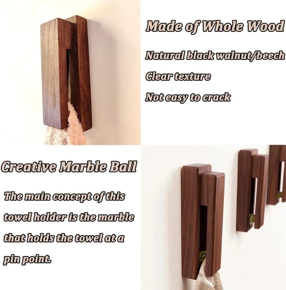 Marble Slide Towel Holder, Wooden Towel Racks for Bathroom Wall Mounted, No Drilling Self Adhesive Vintage Wall Mounted Towels Hanger (Black*2)